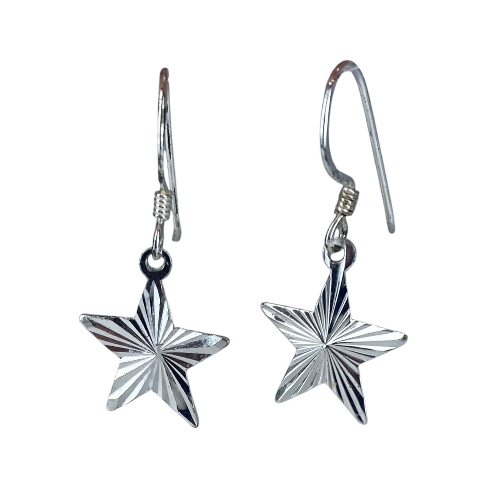 Sterling Fluted Star Dangle Earrings 1g: Sterling Fluted Star Dangle Earrings 1g Engraved 925