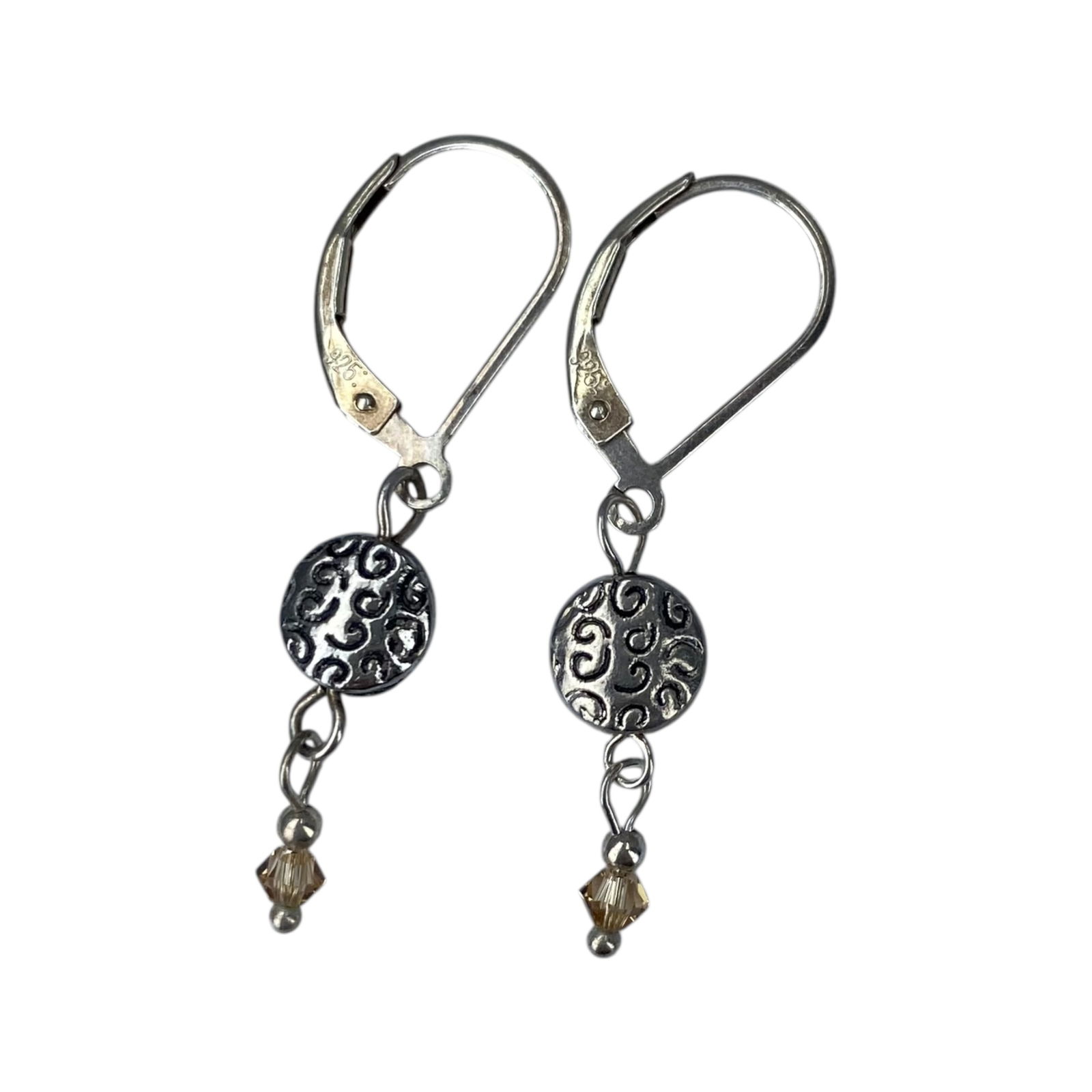 Sterling Spiral Engraved Circle Dangle Earrings 2g: Sterling Spiral Engraved Circle With Yellow Glass Bead Dangle Earrings 2g Engraved 925