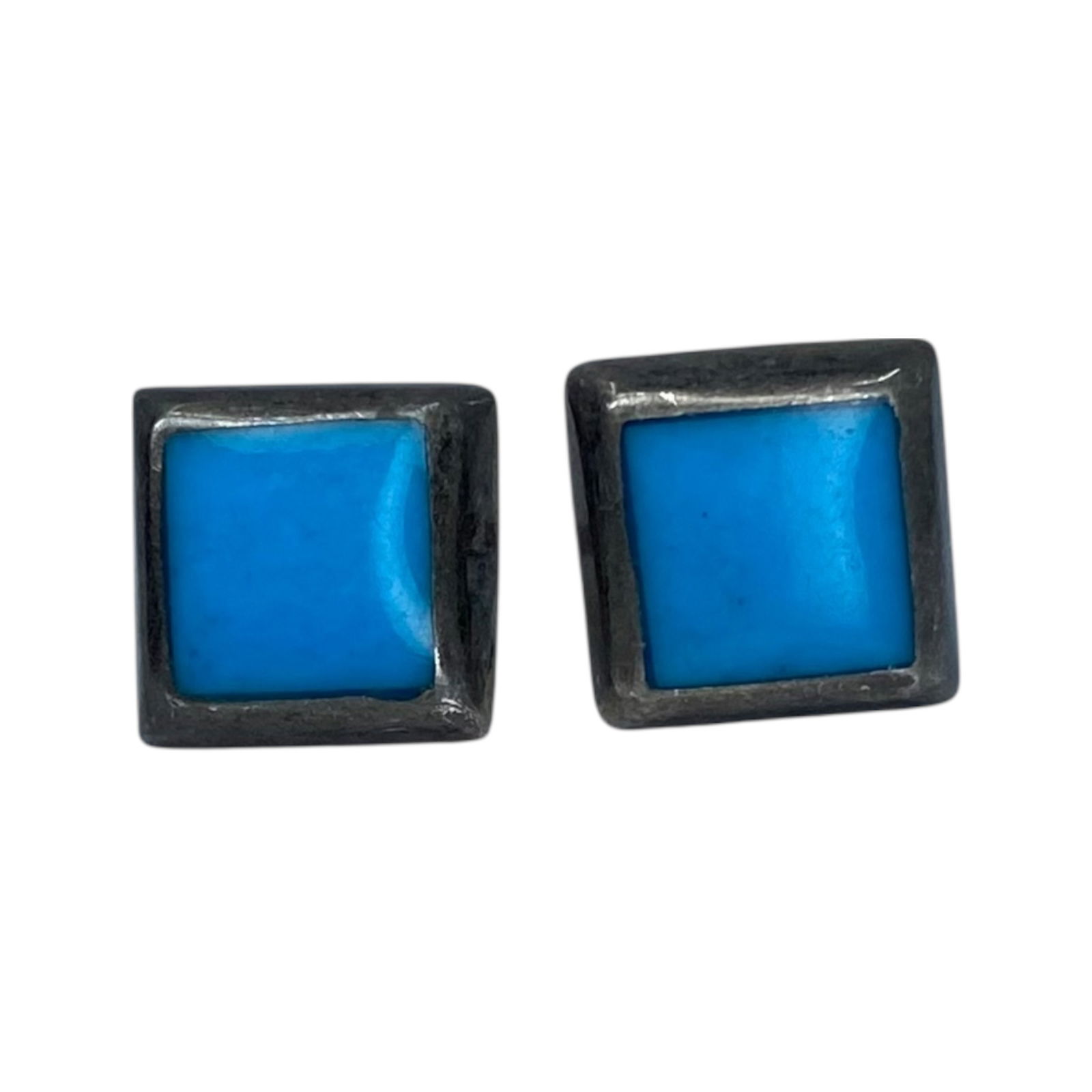 Signed Sterling Square Turquoise Bezel Set Earrings 1.42g: Signed Sterling Square Turquoise Bezel Set Earrings 1.42g Engraved IMM 925
