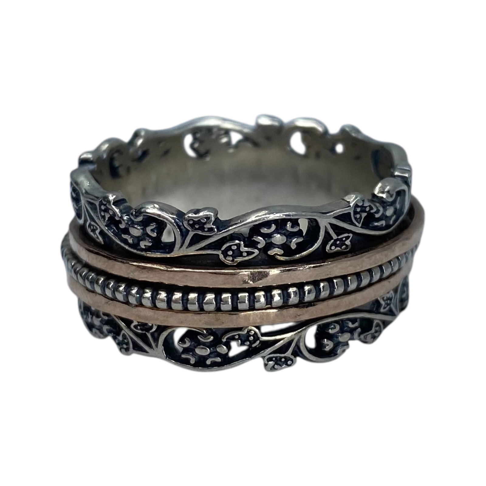 Signed Sterling Israel Filigree Spinner Ring Sz 11 10.01g: Signed Sterling and Gold Over Sterling Israel Filigree Spinner Ring Sz 11 10.01g