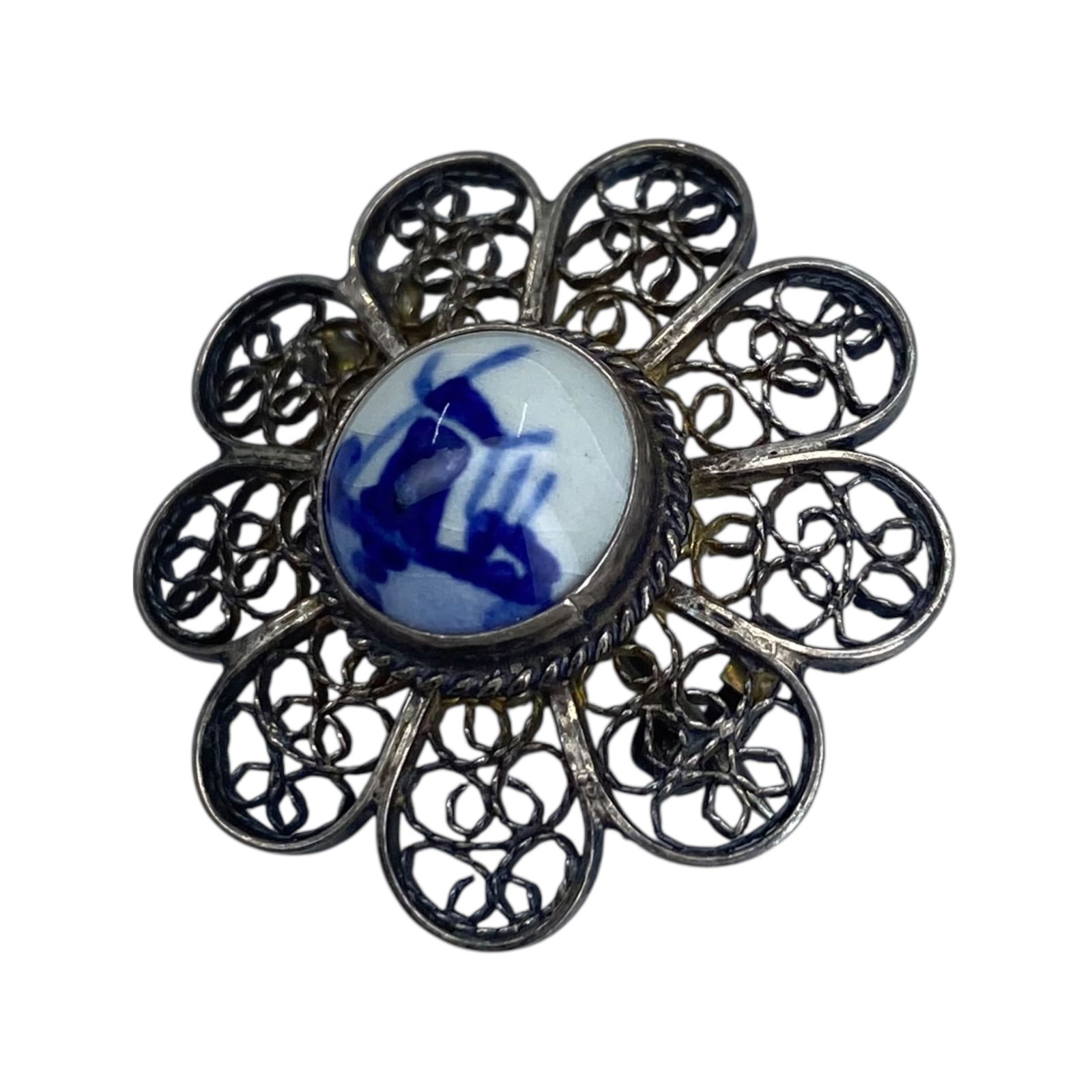 Sterling Filigree Flower Vintage Delft Porcelain Brooch 4g: Sterling Filigree Flower Vintage Delft Porcelain Brooch 4g Engraved 925 (very small and hard to see in picture), sold as is - porcelain is cracked