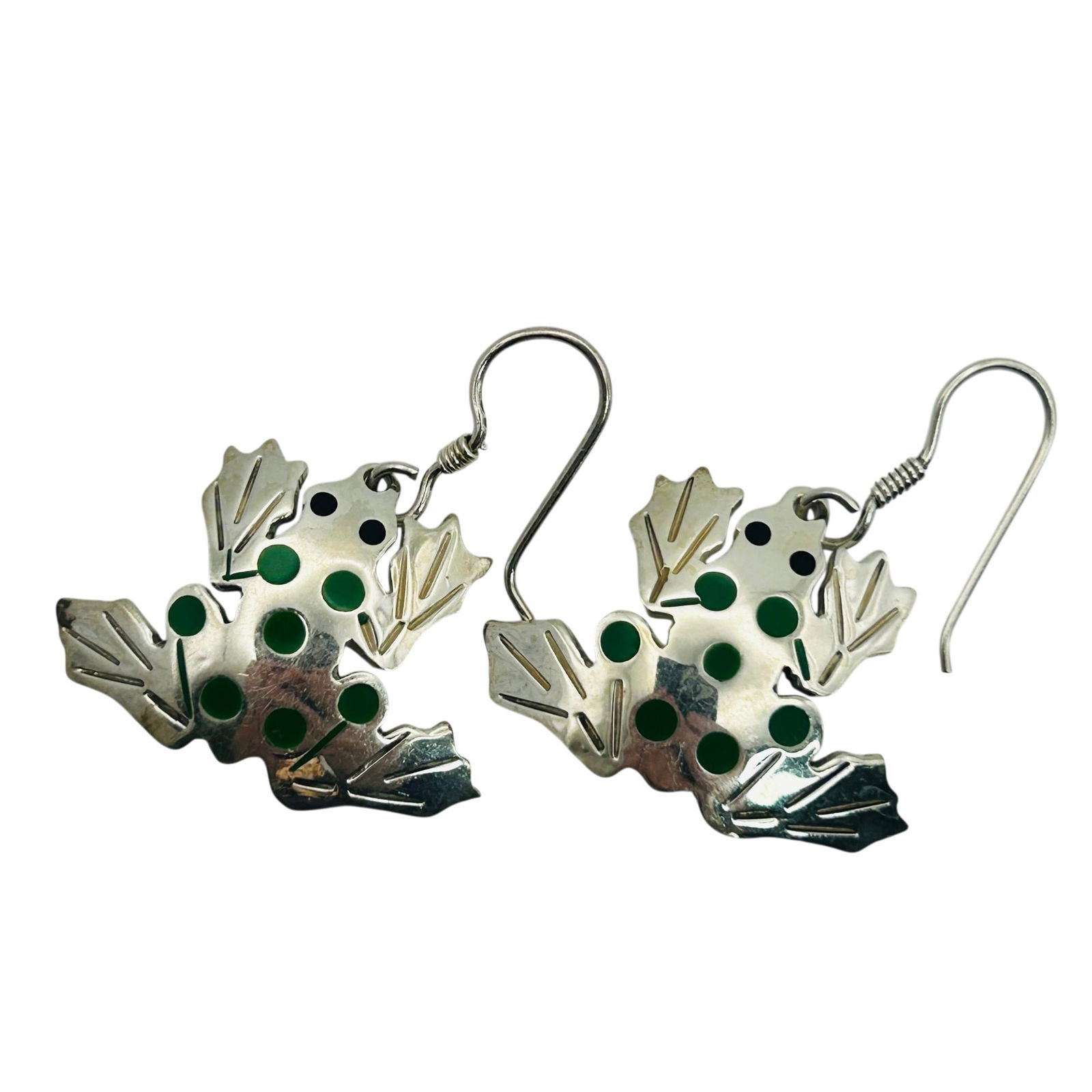 TR-148 Taxco Sterling Frog Hook Back Earrings: TR-148 Taxco Sterling frog hook back earrings. 9.80g