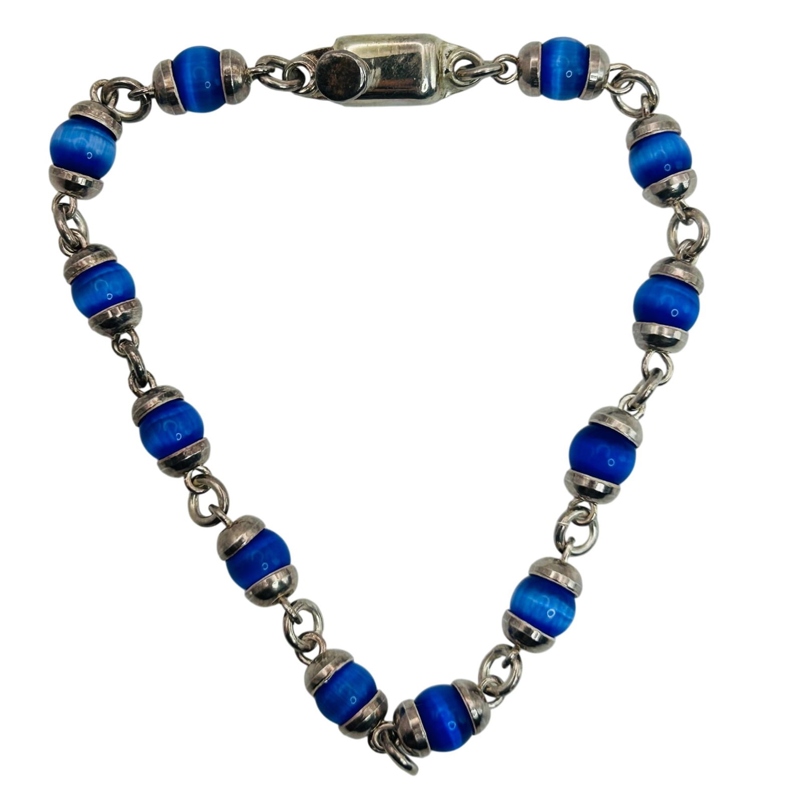 Taxco Sterling Blue Cat Eye Bead Bracelet: Taxco Sterling blue cat eye bead bracelet. 12.80g