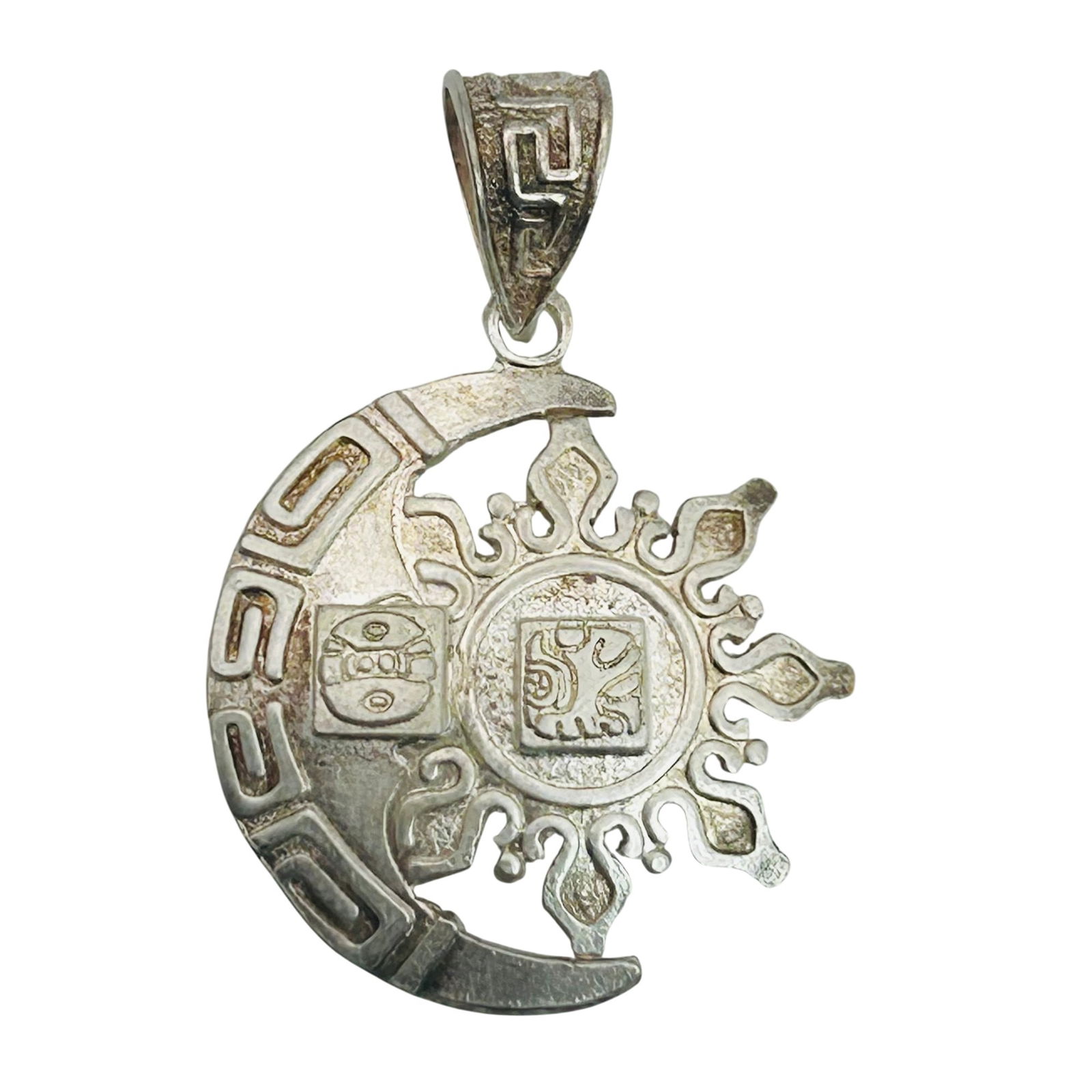 Mexico 950 Silver Sun And Moon Mayan Pendant: Mexico 950 silver sun and moon Mayan pendant. 4.90g