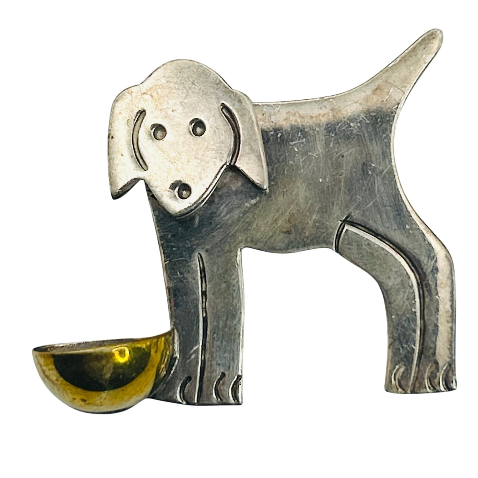 Mexico Sterling Dog And Bowl Pin: Mexico Sterling dog and bowl pin. 12.50g