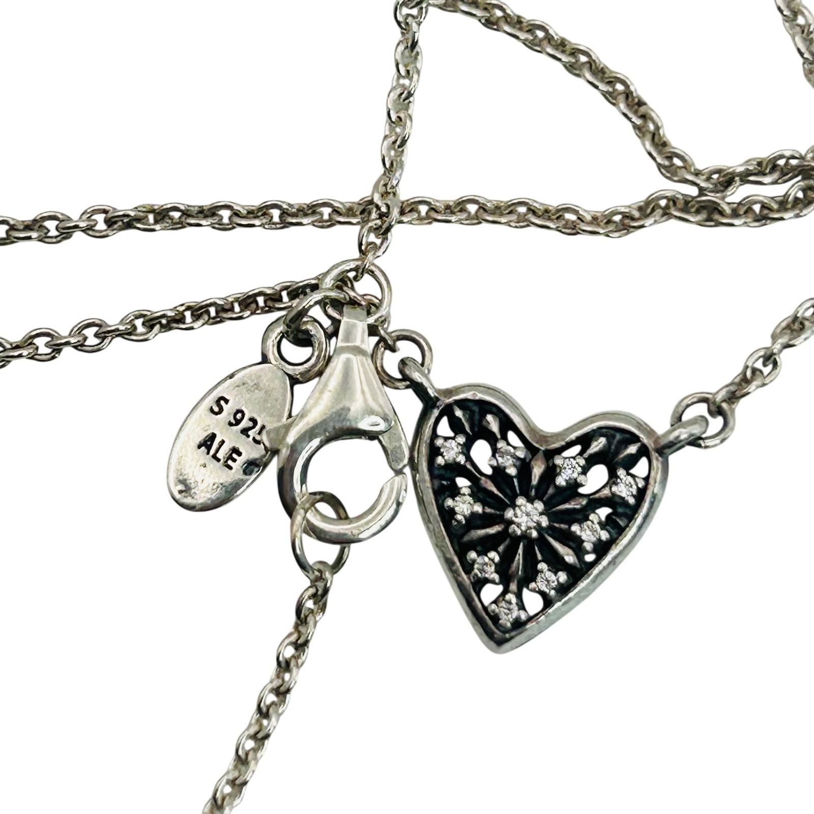 ALE Pandora Sterling Heart Charm Cable Chain Necklace: ALE Pandora sterling heart charm cable chain necklace. 3.50g