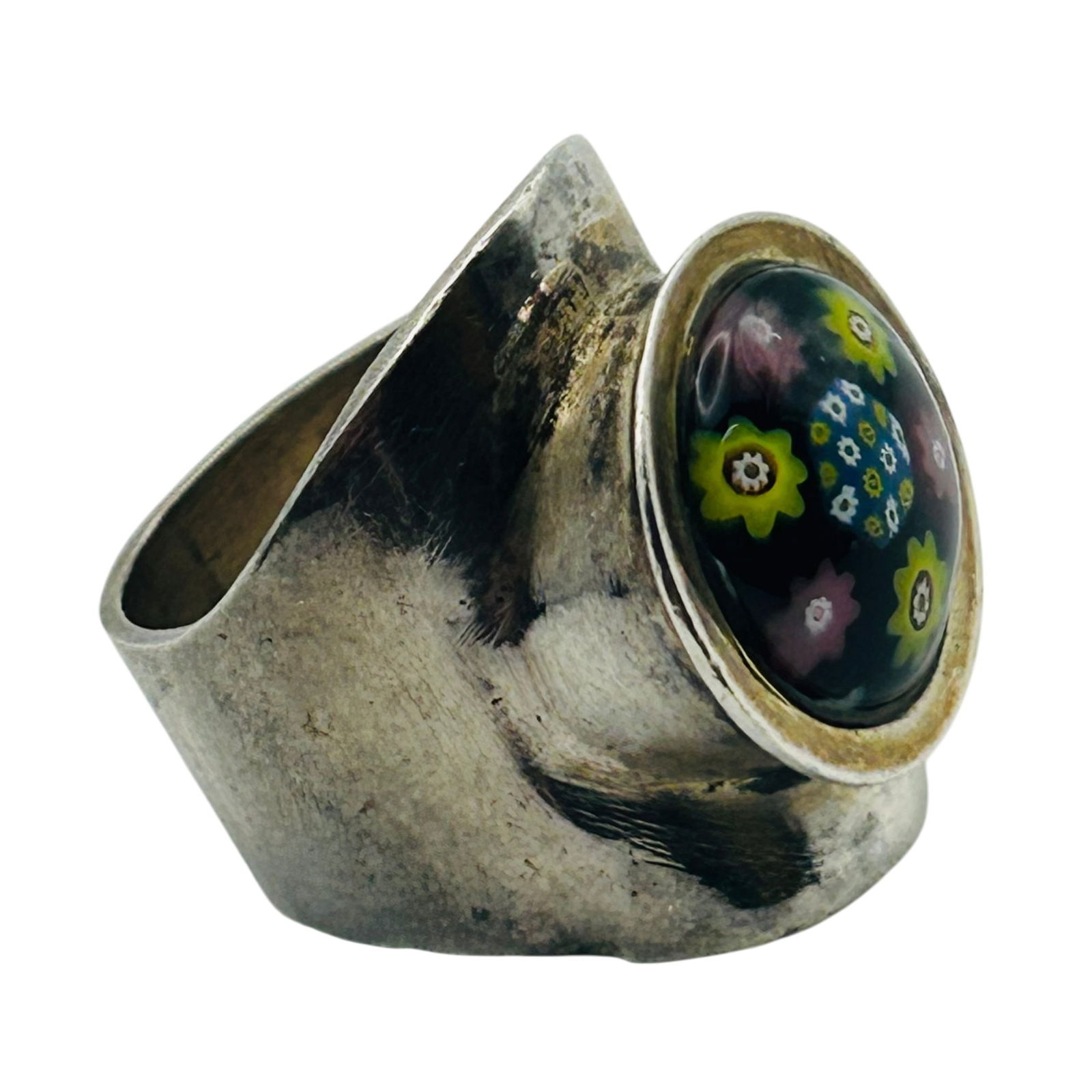 Sterling Millefiori Glass Vintage Ring Size 6: Sterling Millefiori glass vintage ring size 6. 10.70g