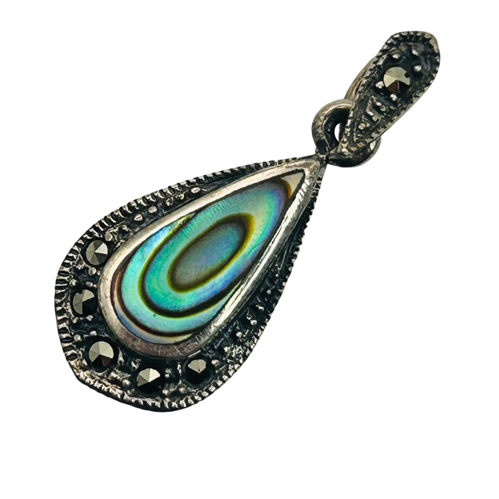 Sterling Abalone Marcasite Teardrop Pendant: Sterling abalone marcasite Teardrop pendant. 2.80g