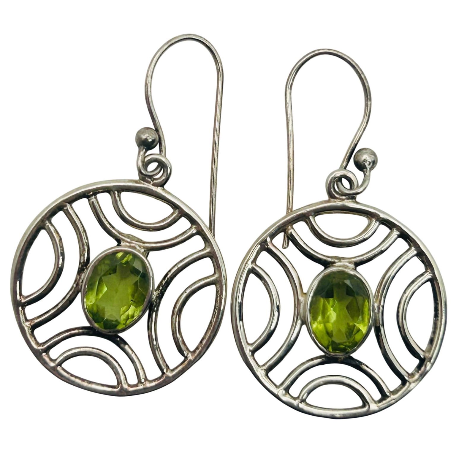 Sterling Peridot Circle Hook Back Earrings: Sterling peridot circle hook back earrings. 2.80g