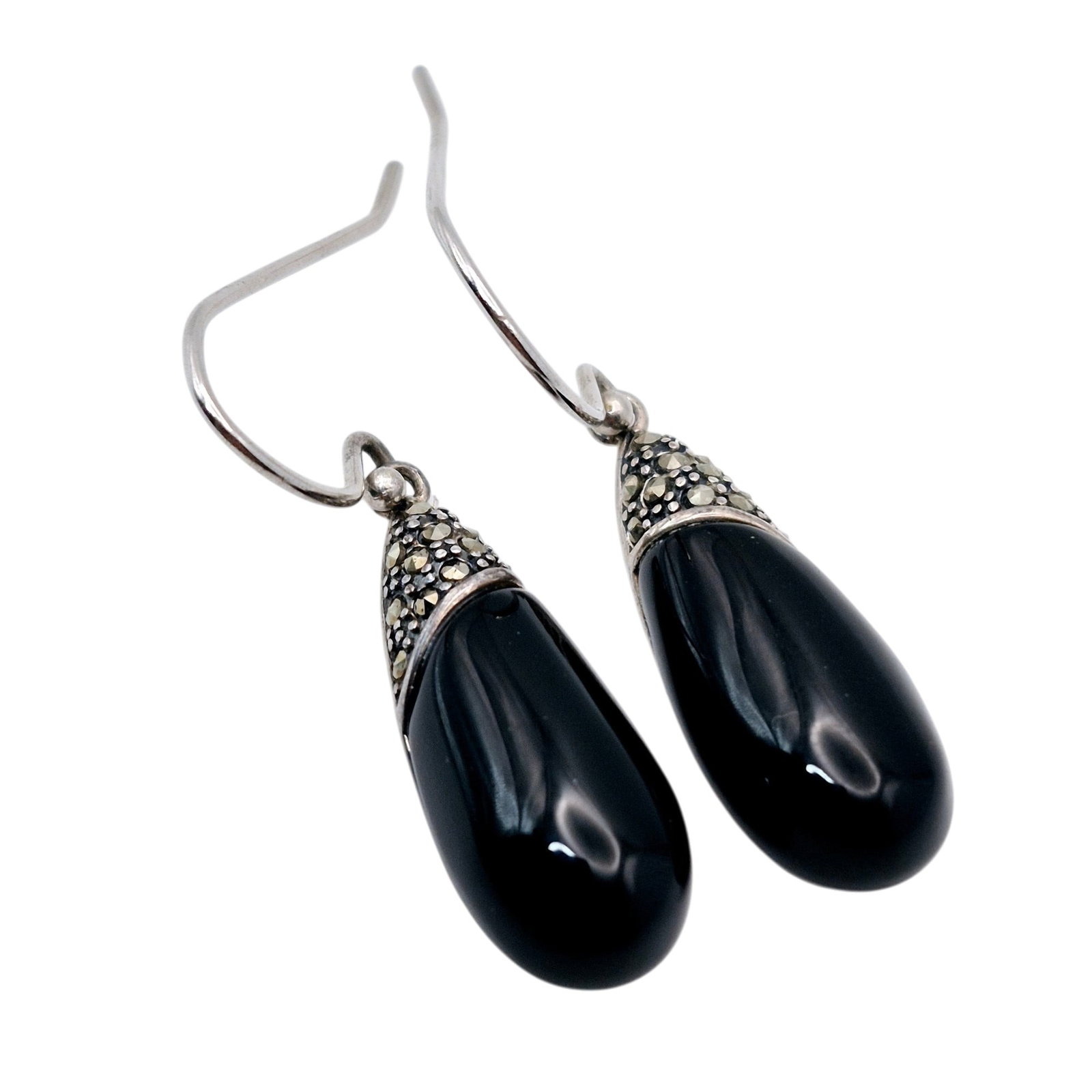 SLC Sterling Onyx Marcasite Teardrop Dangle Earrings (1 of 6)