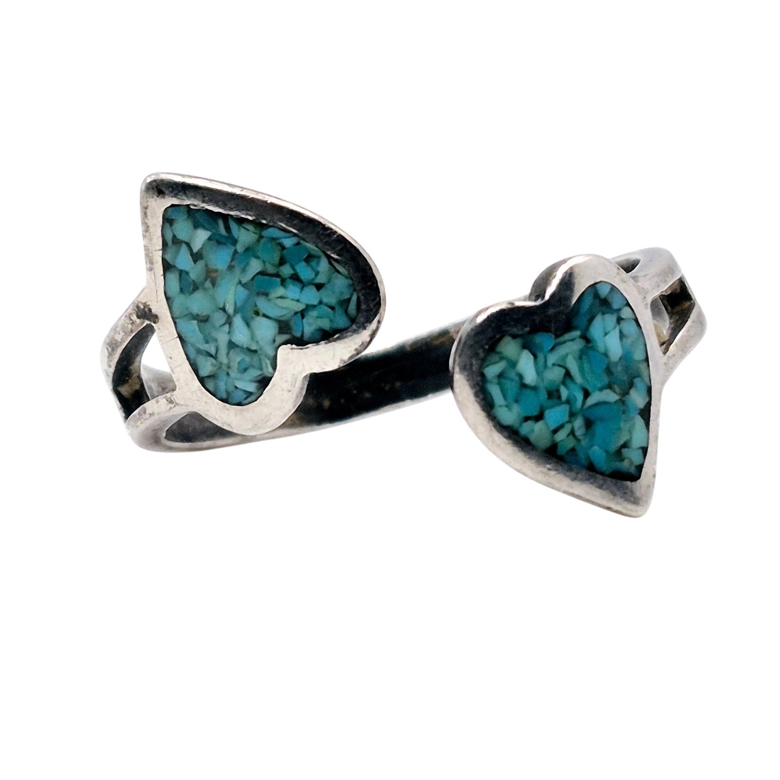 Sterling Crushed Turquoise Heart Bypass Ring Size 8.5: Sterling crushed turquoise heart bypass ring size 8.5 2.8 G