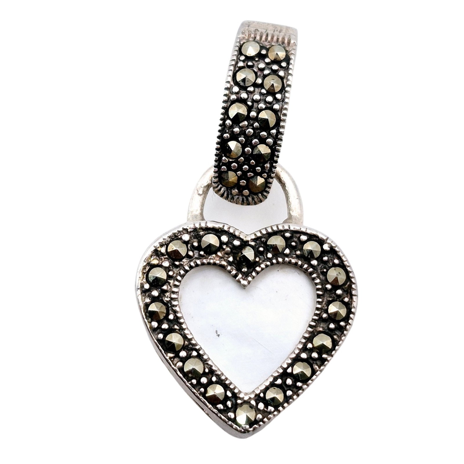 GSJ Sterling Mother Of Pearl Marcasite Heart Pendant: GSJ Sterling mother of pearl marcasite heart pendant 6.7 G