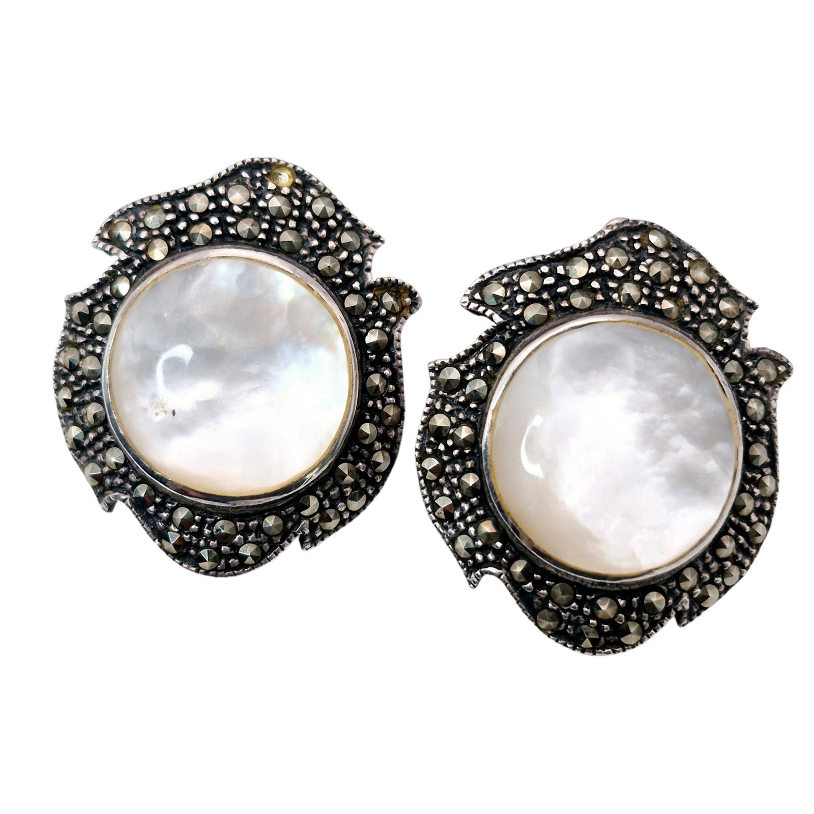 Signed Sterling Mother Of Pearl Marcasite Stud Earrings (1 of 7)