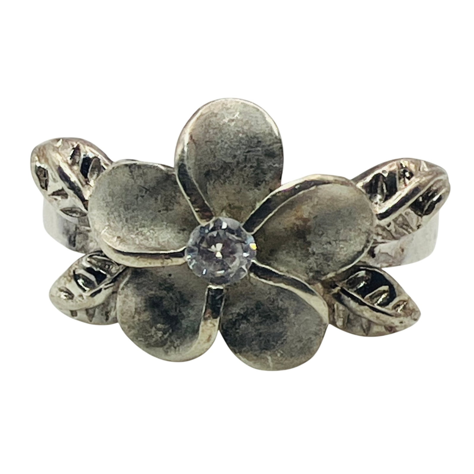 Sterling Clear Stone Flower Statement Ring Size 4 (1 of 5)
