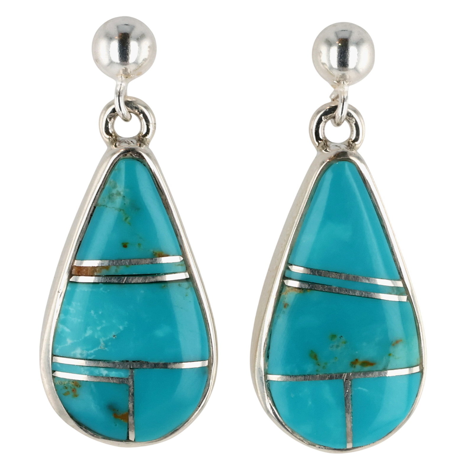Calvin Begay Navajo Sterling Kingman Turquoise Inlay Earrings: Calvin Begay Navajo Sterling Kingman Turquoise Inlay Earrings 5.5g