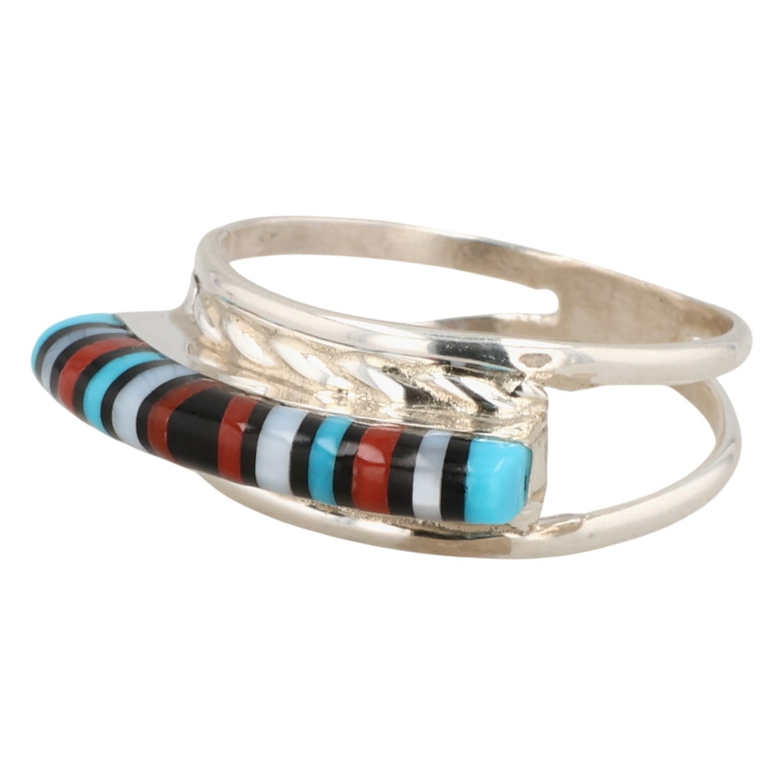 Lolita Malani Zuni Sterling Multi-Stone Ring Inlay Sz 7.25: Lolita Malani Zuni Sterling Turquoise, Onyx, Coral, Mother of Pearl Inlay Ring 2.5g Sz 7.25