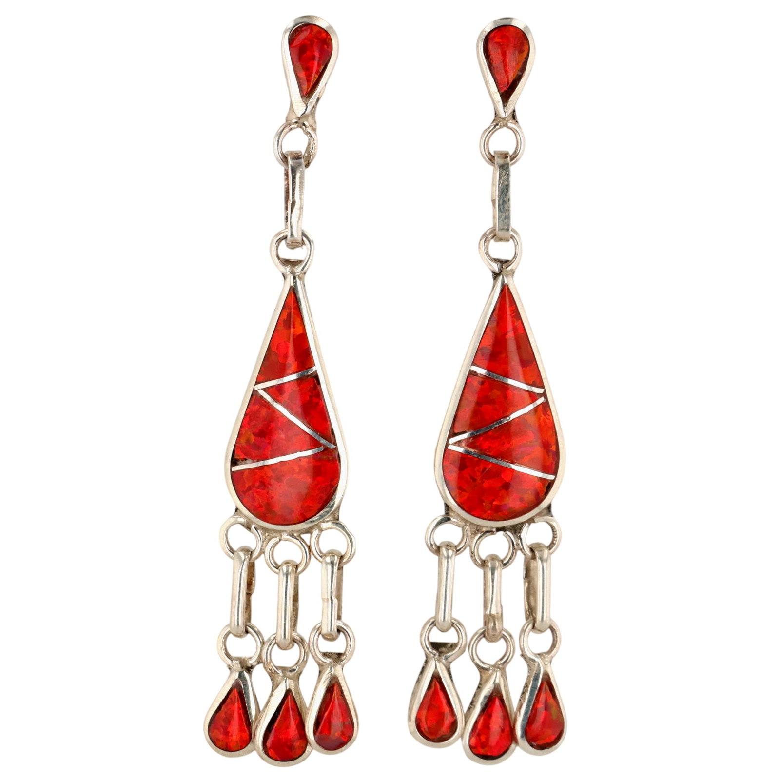 Rosalita Laweka David Lucu Zuni Sterling Opal Inlay Earrings: Rosalita Laweka David Lucu Zuni Sterling Fire Opal Inlay Earrings 3g