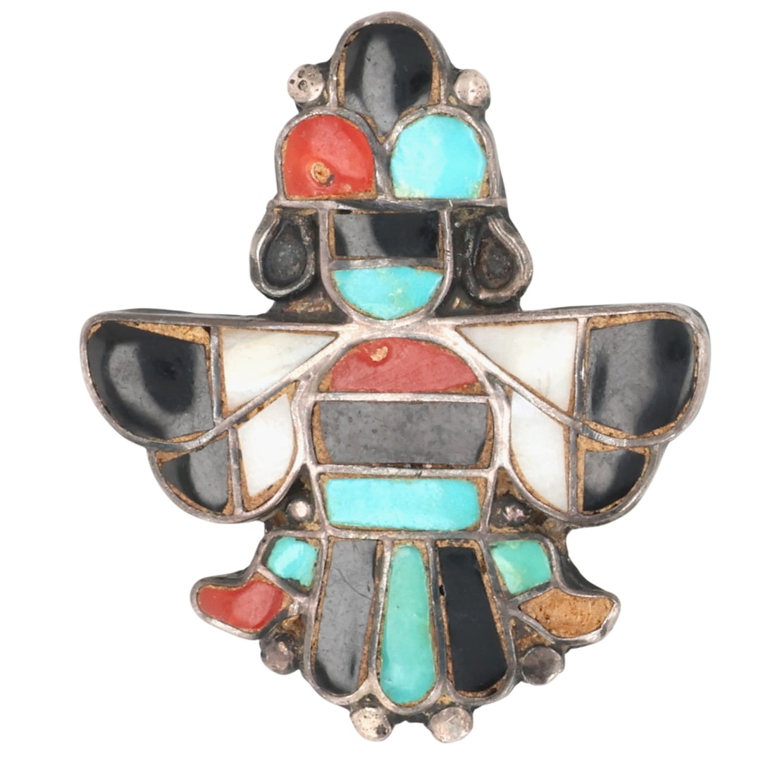 Signed Navajo Sterling Multi-Stone Inlay Brooch: Signed Navajo Sterling Onyx, Turquoise, Coral, Mother of Pearl Inlay Brooch 5g, as-is missing one stone