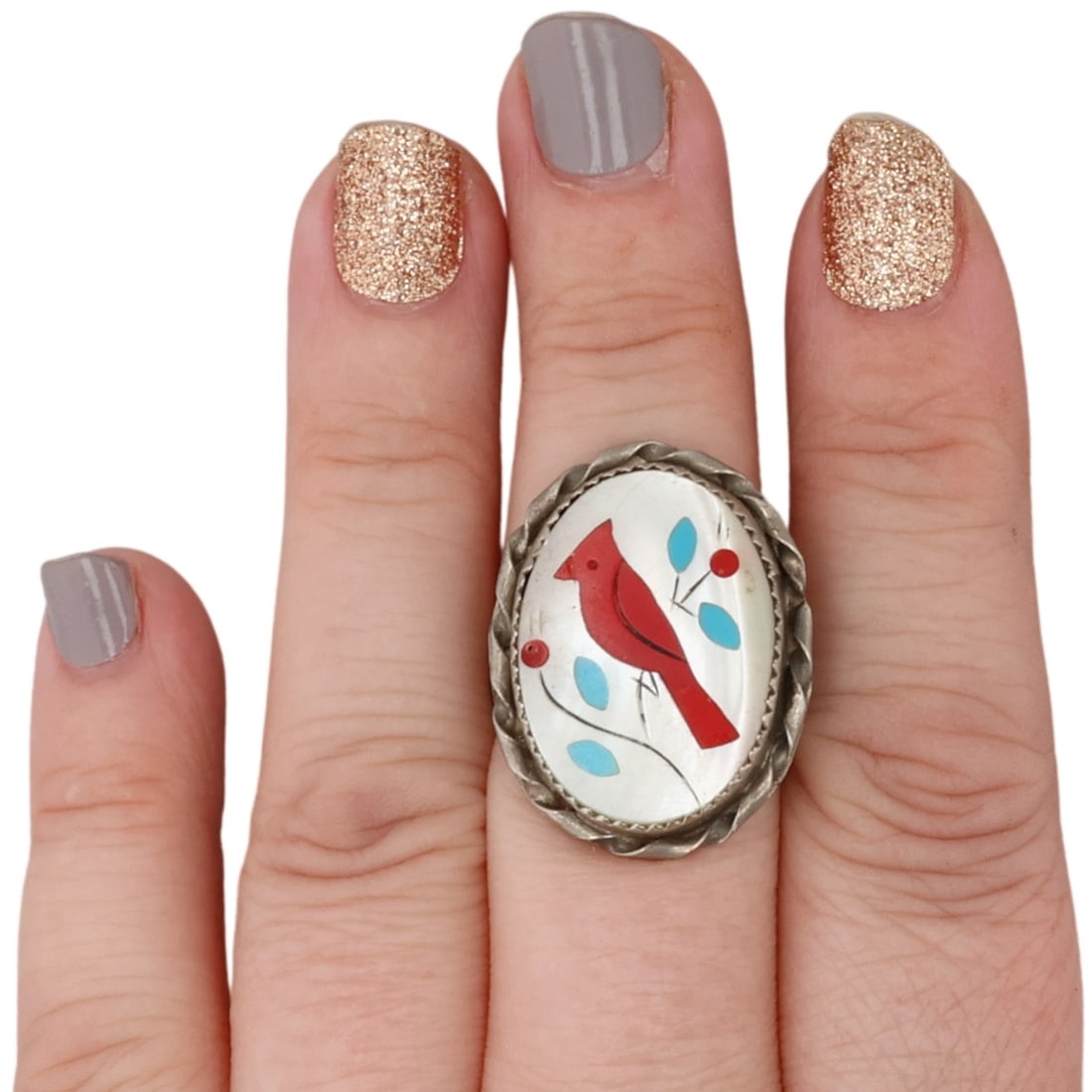 Vintage Navajo Sterling Multi-Stone Inlay Cardinal Ring Sz 8.5 (1 of 6)