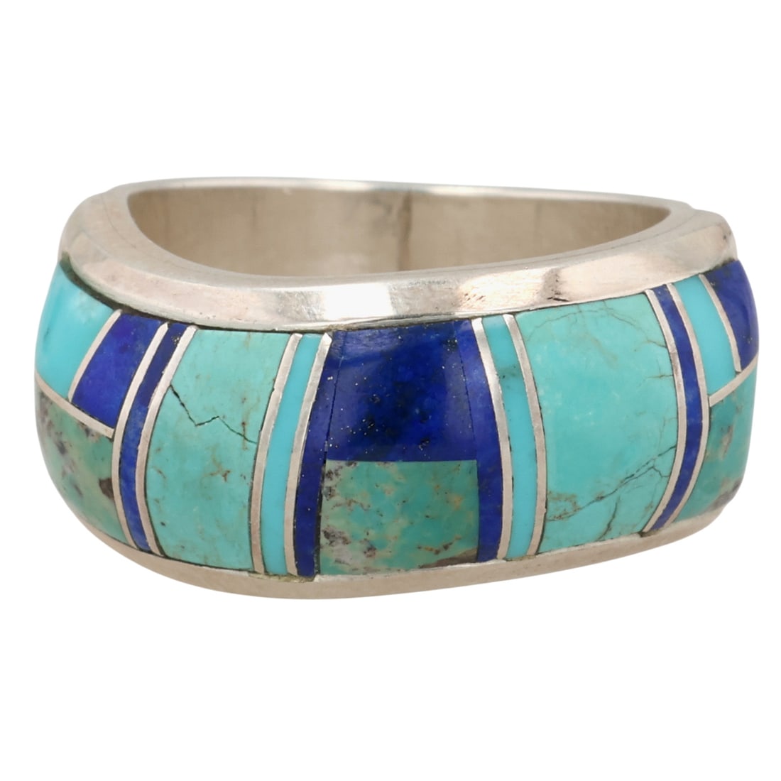 Kenneth Bitsie Navajo Sterling Multi-Stone Inlay Ring Sz 6.25: Kenneth Bitsie Navajo Sterling Lapis Turquoise Inlay Ring 8g Sz 6.25 as is cracked stone as shown in photos