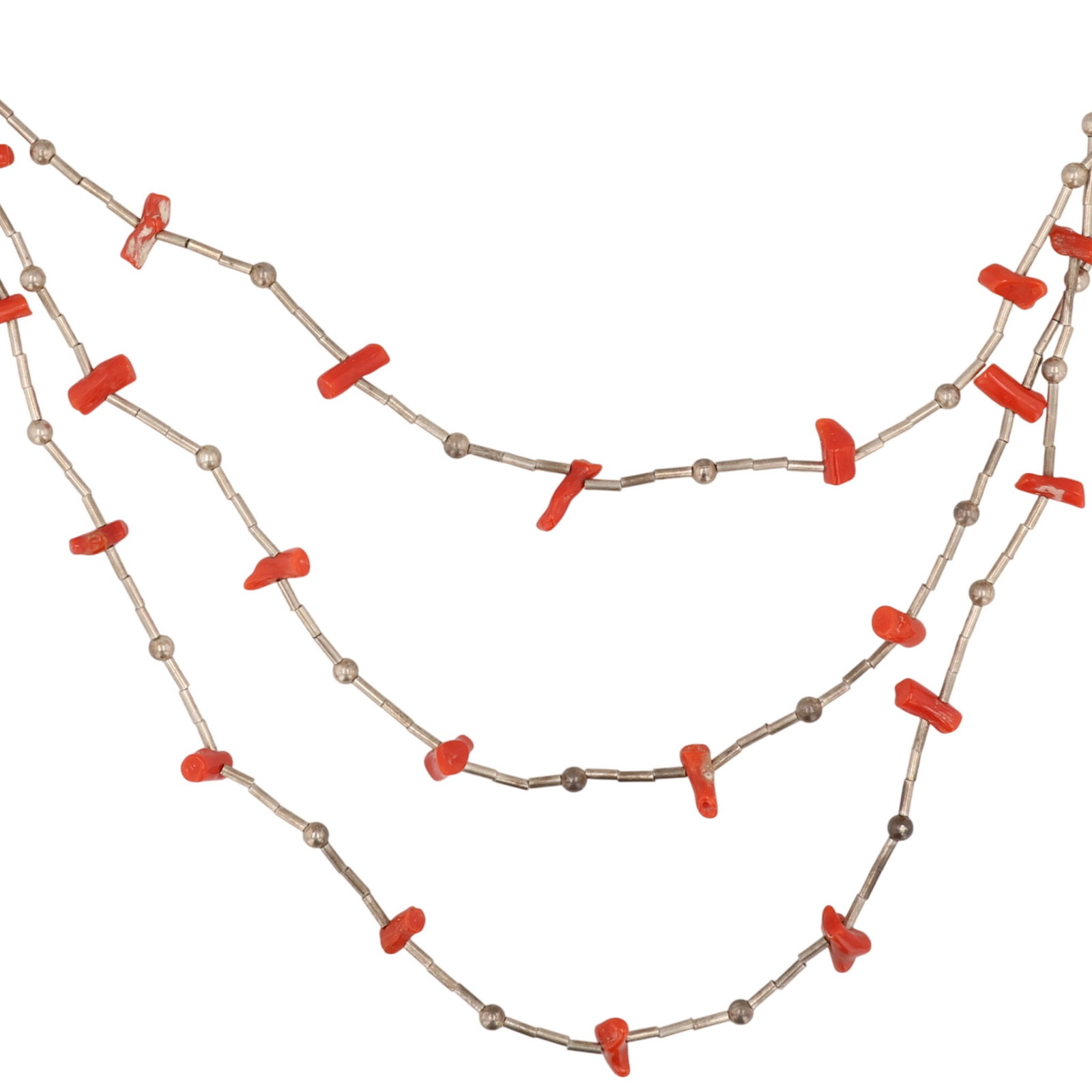 Navajo Sterling Coral 3-Strand Necklace (1 of 5)