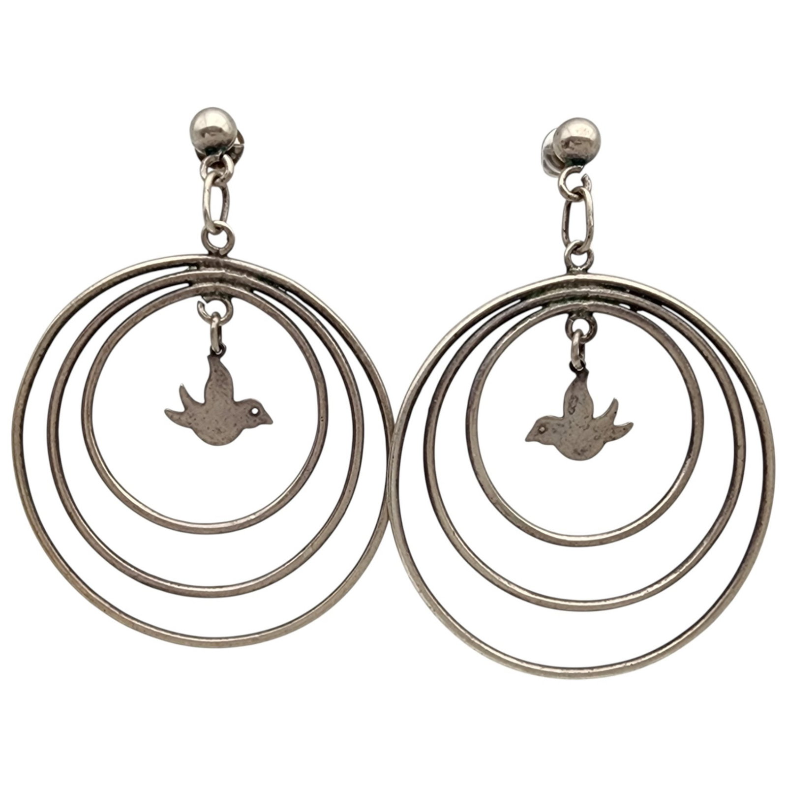 Vintage Sterling Bird Dangle Cocoon Hoop Earrings: Vintage Sterling Bird Dangle Cocoon Hoop Earrings - 6.1g