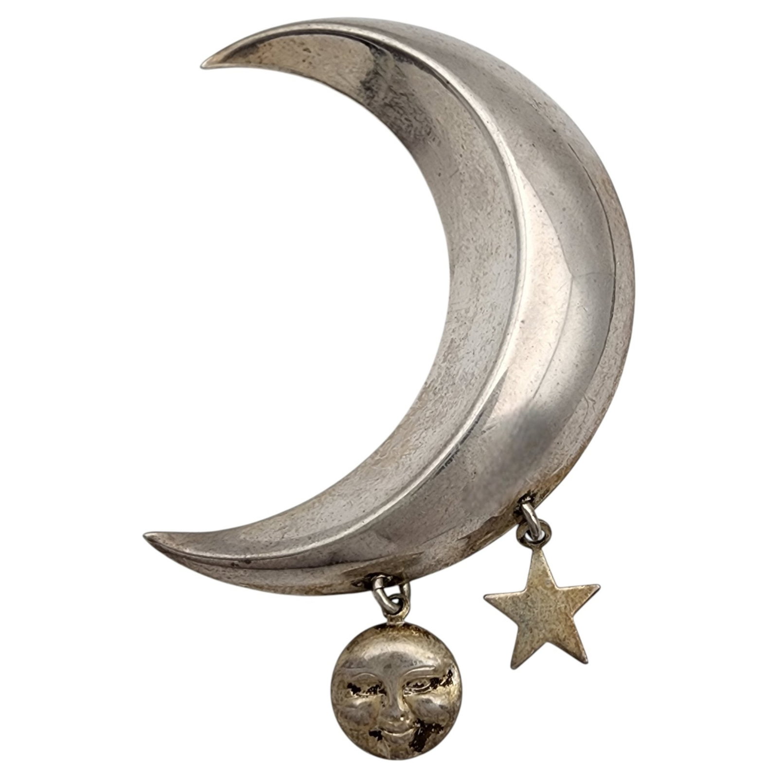 Sterling Moon and Star Dangle Brooch: Sterling Moon and Star Dangle Brooch - 5.8g