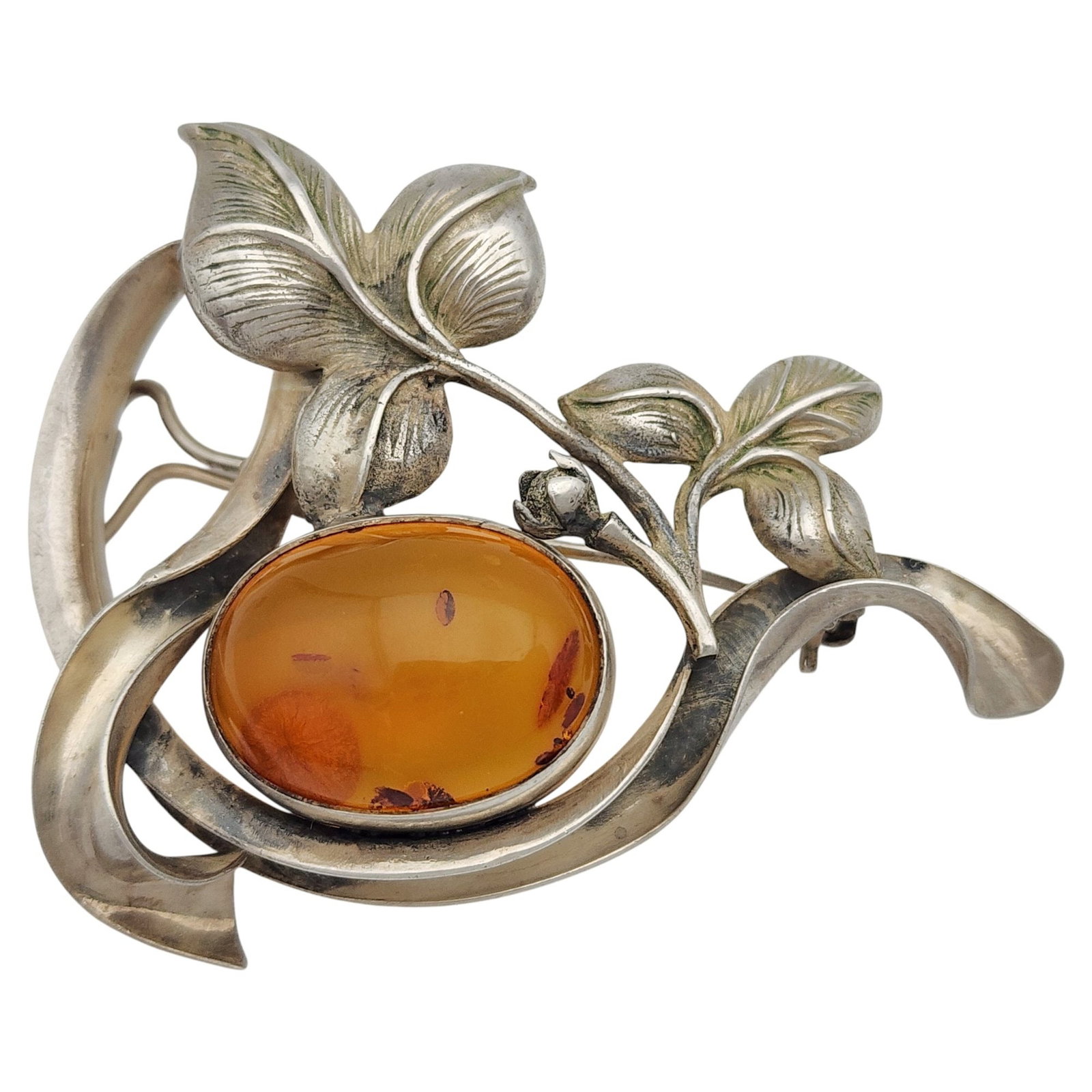 Vintage Sterling Amber Floral Brooch: Vintage Sterling Amber Floral Brooch 14.5g