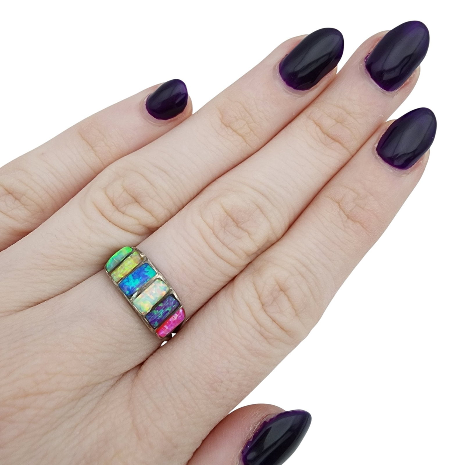 Sterling Multicolor Opal Ring Sz 6.5 - 2