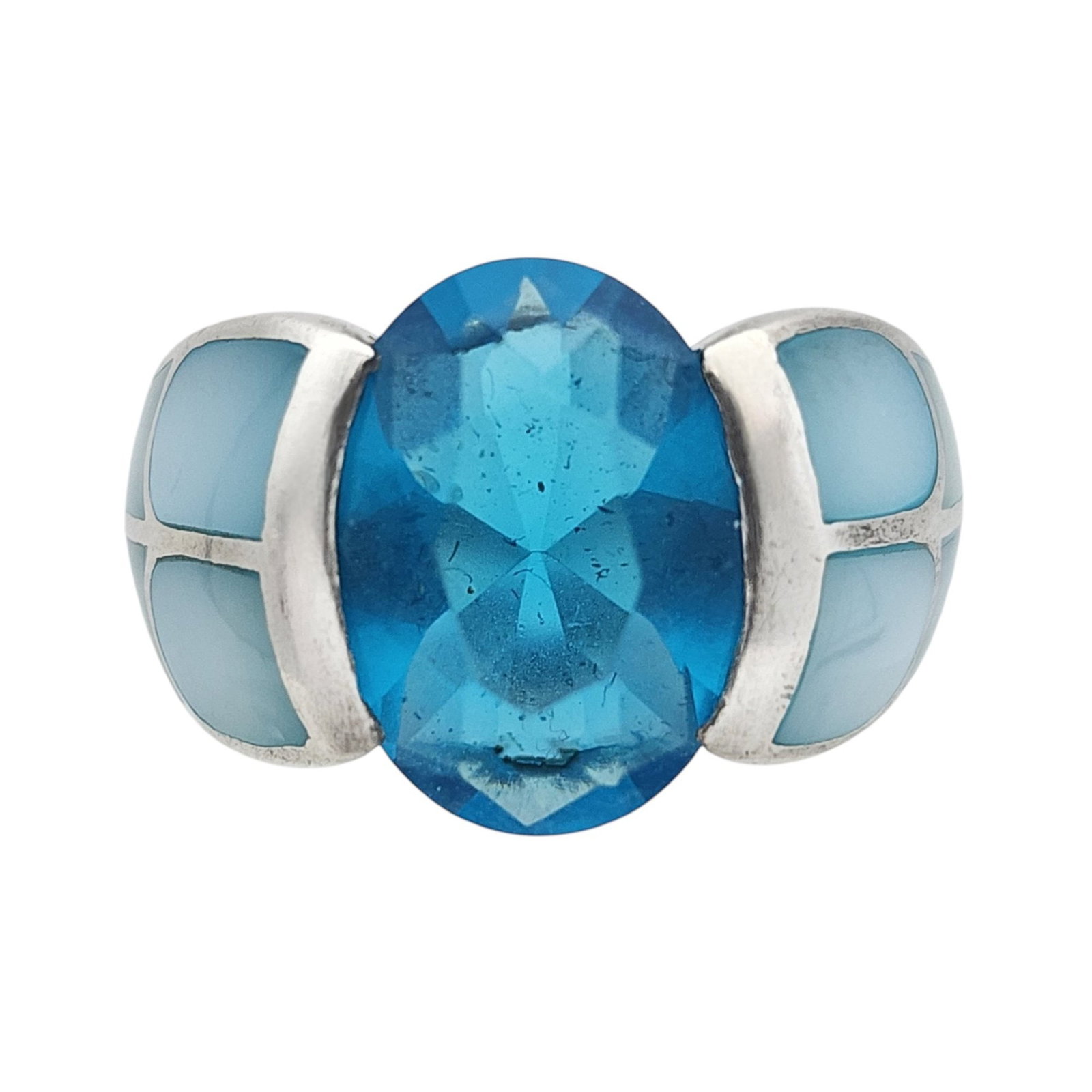 Sterling Blue Mother of Pearl Inlay Ring Sz 8: Sterling Blue Mother of Pearl Inlay Ring Sz 8 7.2g