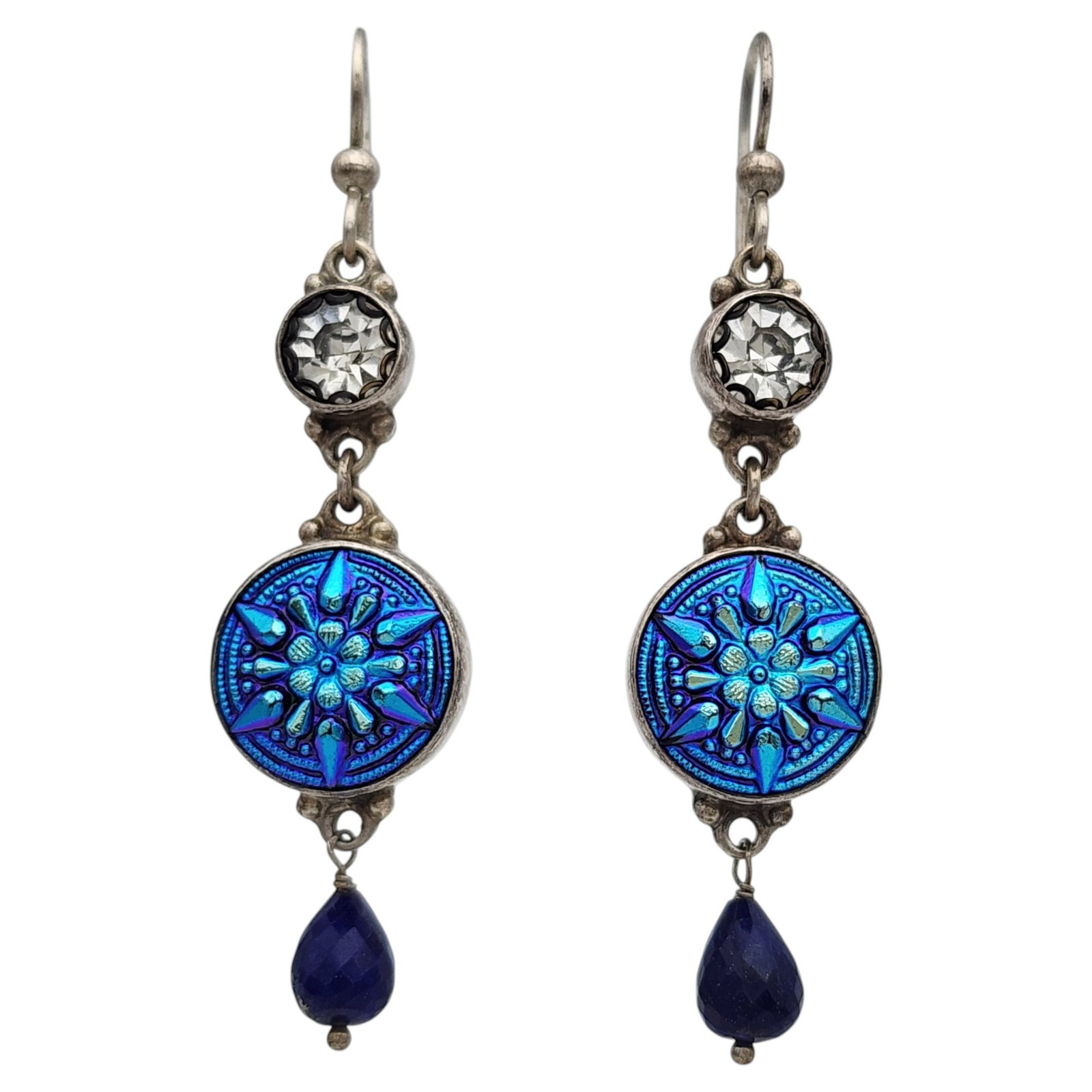 Sterling Czech Glass Lapis Lazuli Dangle Earrings: Sterling Czech Glass Lapis Lazuli Dangle Earrings 10.7g