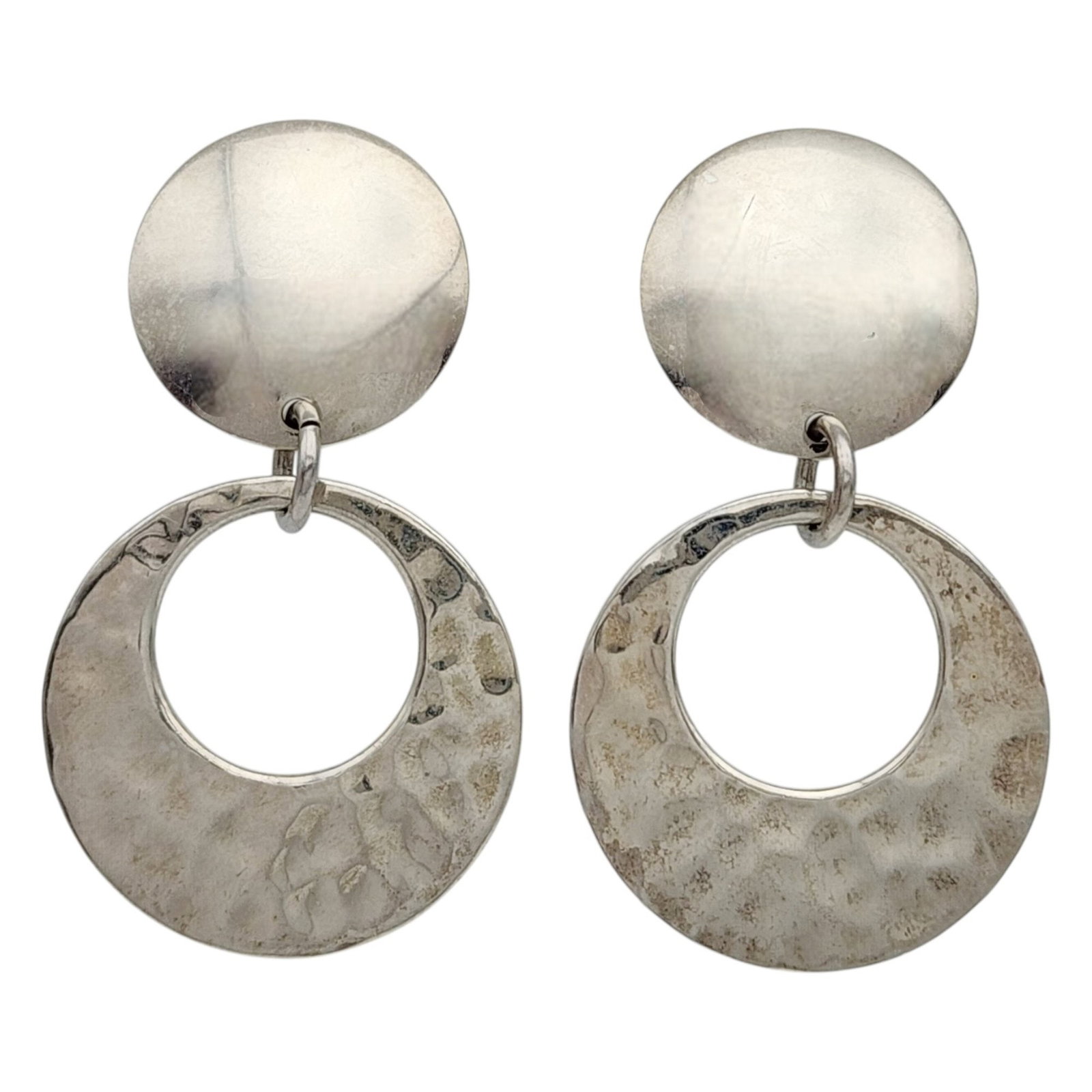 Sterling Hammered Double Circle Dangle Earrings: Sterling Hammered Double Circle Dangle Earrings 13.4g