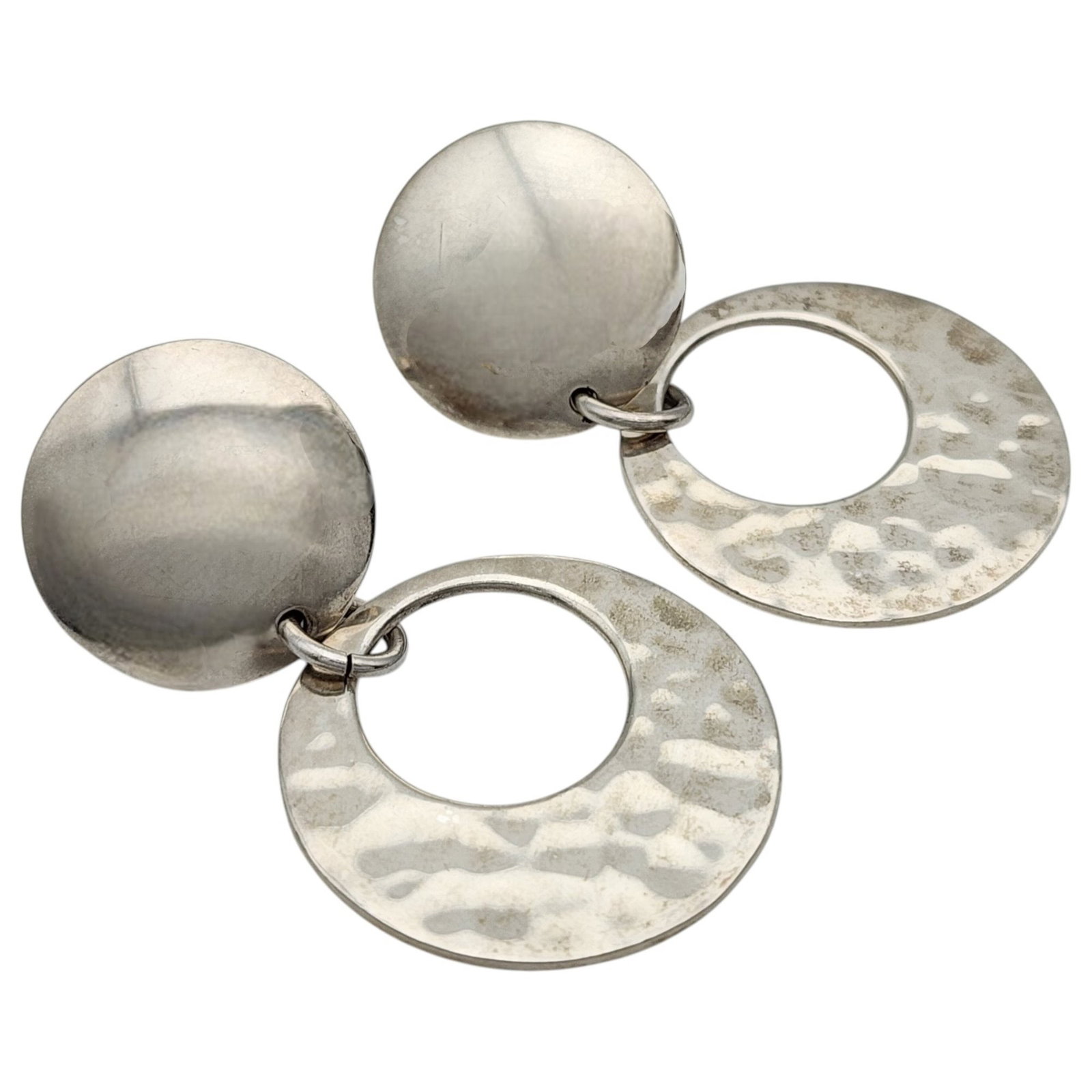 Sterling Hammered Double Circle Dangle Earrings - 2