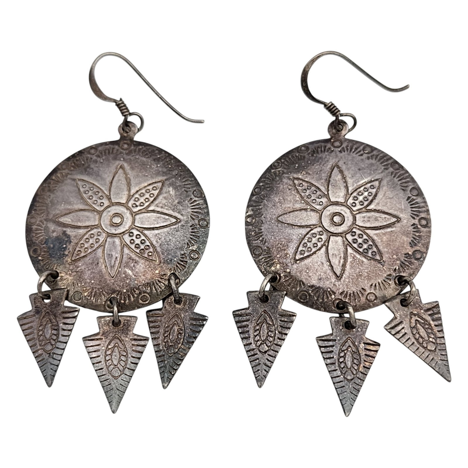 Sterling Southwestern Stamped Dangle Earrings: Sterling Southwestern Stamped Dangle Earrings 9.9g