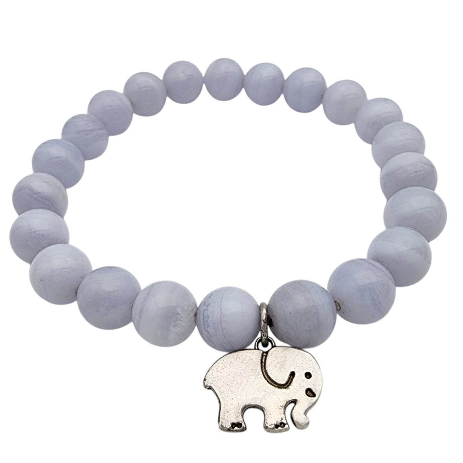 Signed Sterling Elephant Charm Blue Lace Agate Bracelet: Signed Sterling Elephant Charm Blue Lace Agate Bracelet 17.4g