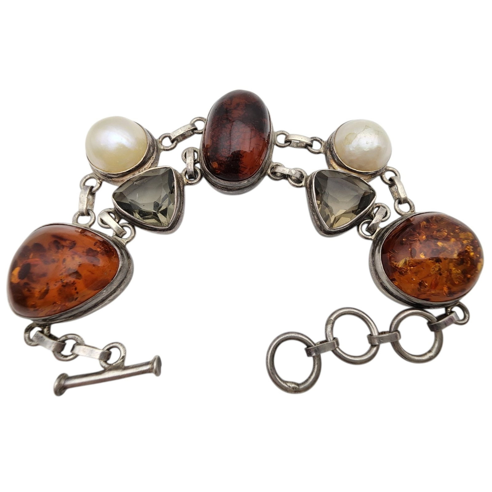 Gorgeous Sterling Amber, Pearl and Quartz Bracelet: Gorgeous Sterling Amber, Pearl, Smoky Quartz Cluster Bracelet - 40.9g - some surface wear, light scratches present on the stones/pearl