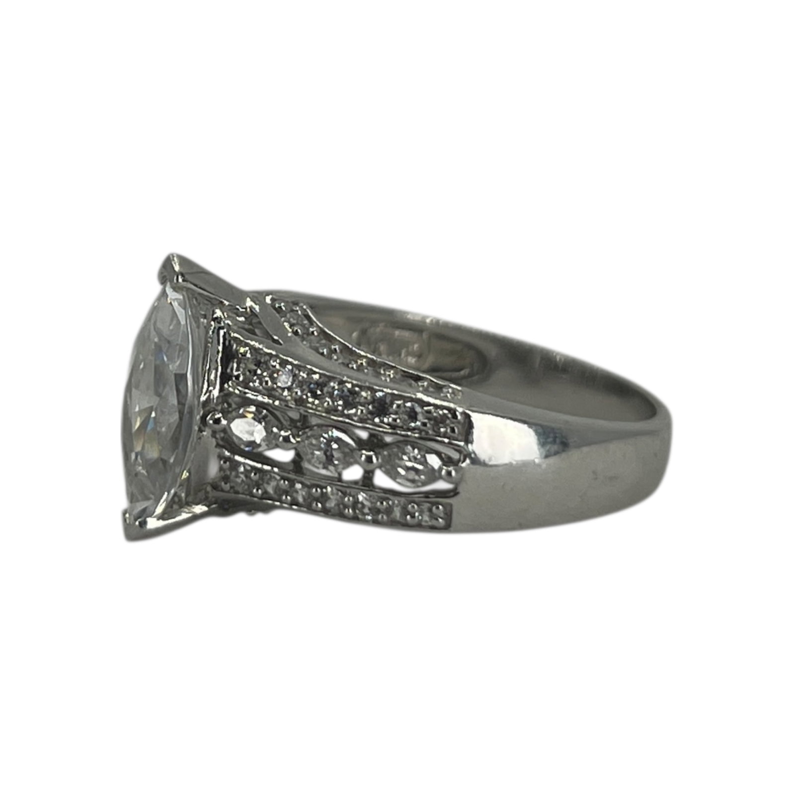 Singed Sterling Marquise Cut Rhinestone Engagement Ring Sz 8 5g: Singed Sterling Marquise Cut and Round Cut Boarder Rhinestone Engagement Ring Sz 8 5g, Engraved 925, 3 stacked circles with unrecognized letters, China