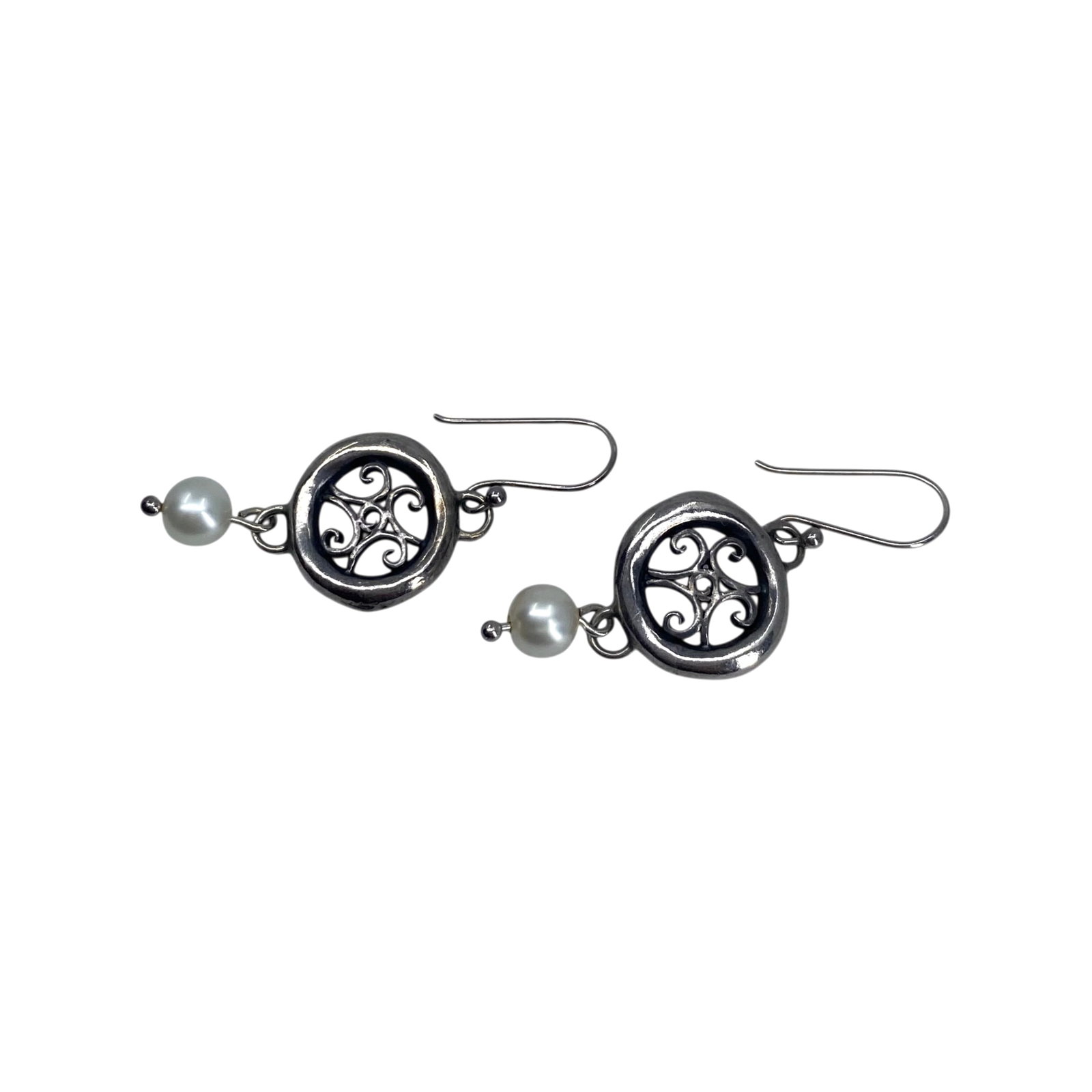 Signed Sterling Scroll And Pearl Dangle Earrings 4g: Signed Sterling Scroll And Pearl Dangle Earrings 4g Engraved GG Hallmark, 925