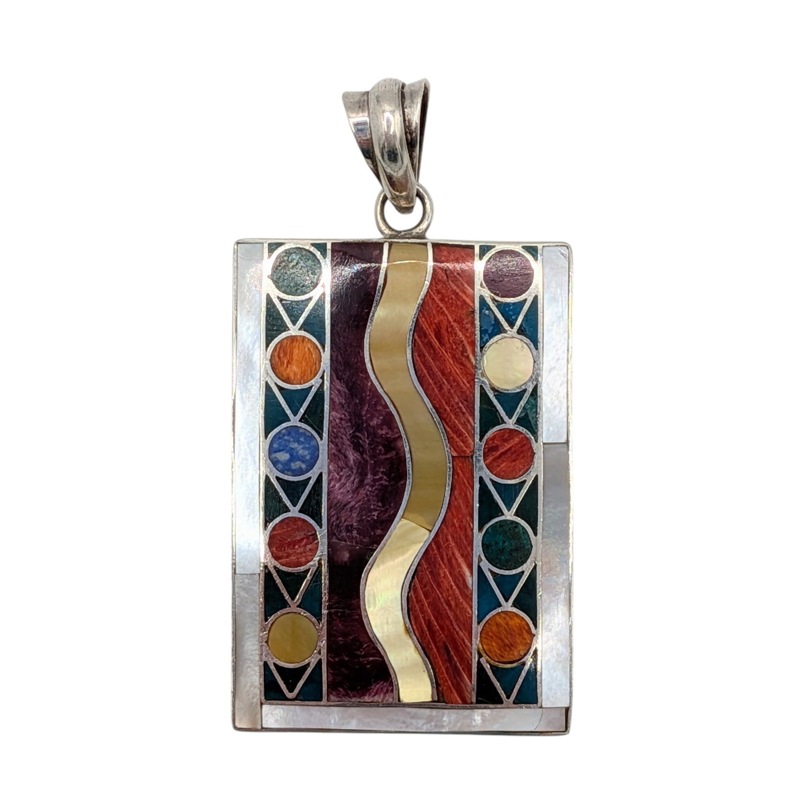 Mexico 950 Silver Multi Gemstone Inlay Geometric Pendant (1 of 4)