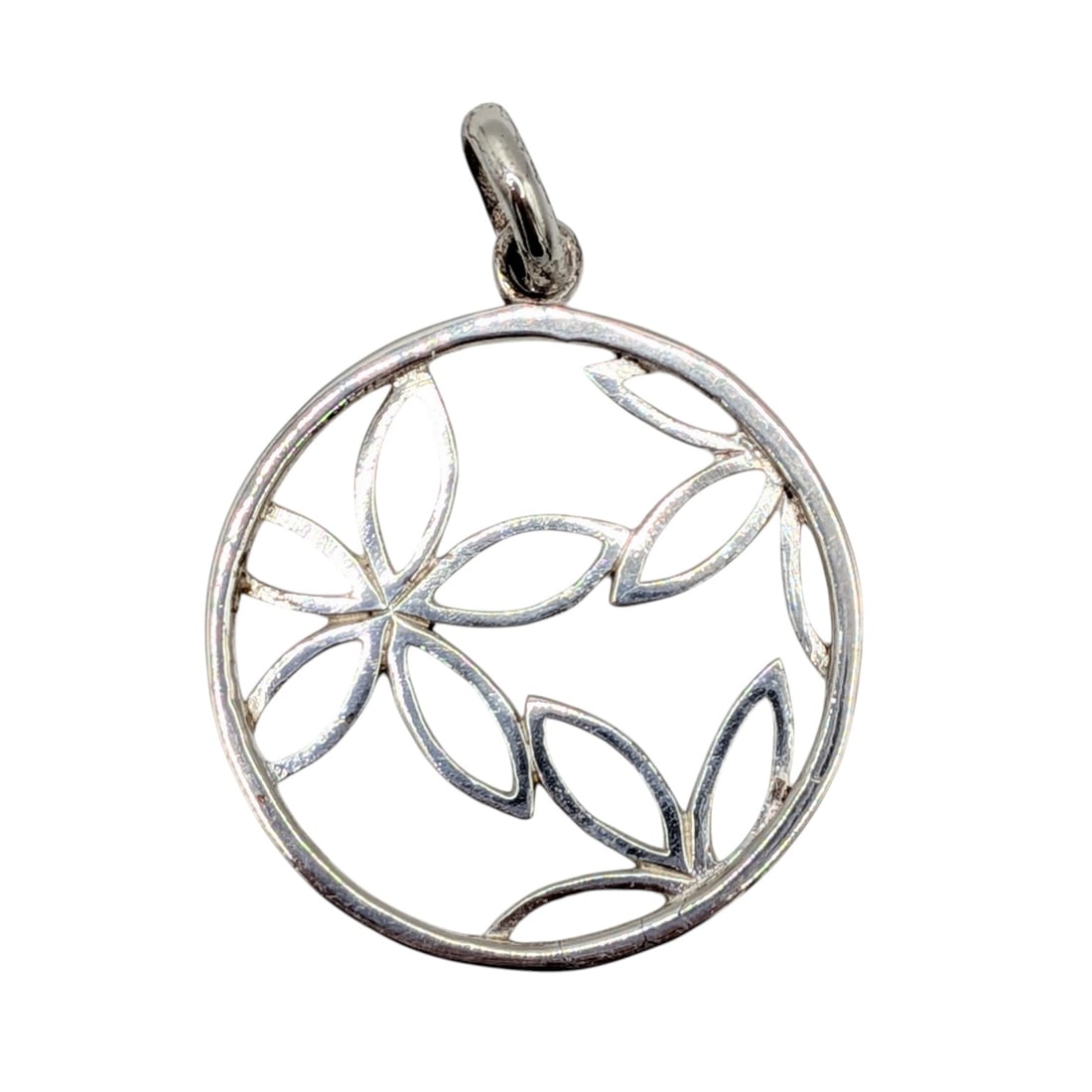 Signed Sterling Silver Flowered Circle Pendant (1 of 3)