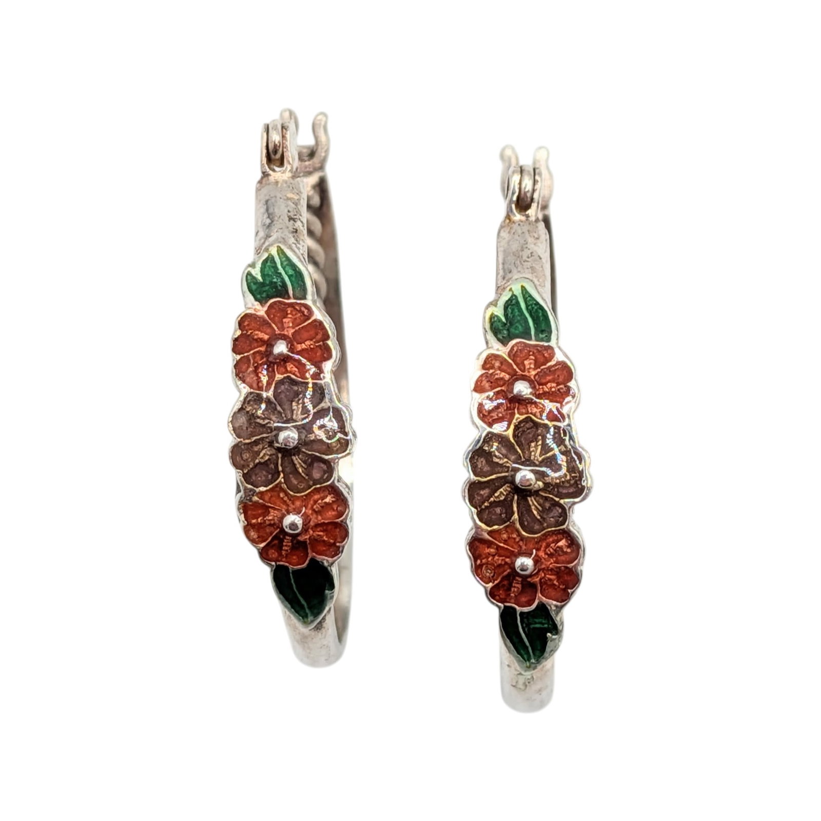 Sterling Silver Enamel Flowers Double Hoop Earrings: Sterling Silver Enamel Flowers Double Hoop Earrings. Signed 925. 5.2g