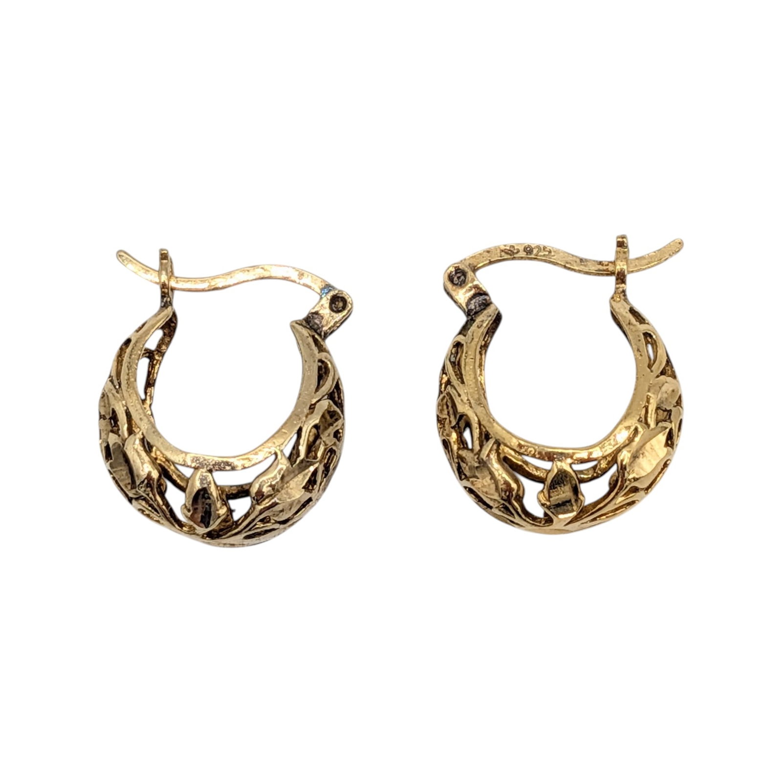 Signed Gold Over Sterling Silver Open Cut Hoop Earrings: Signed Gold Over Sterling Silver Open Cut Hoop Earrings. Signed stemless clover 925. 3.4g