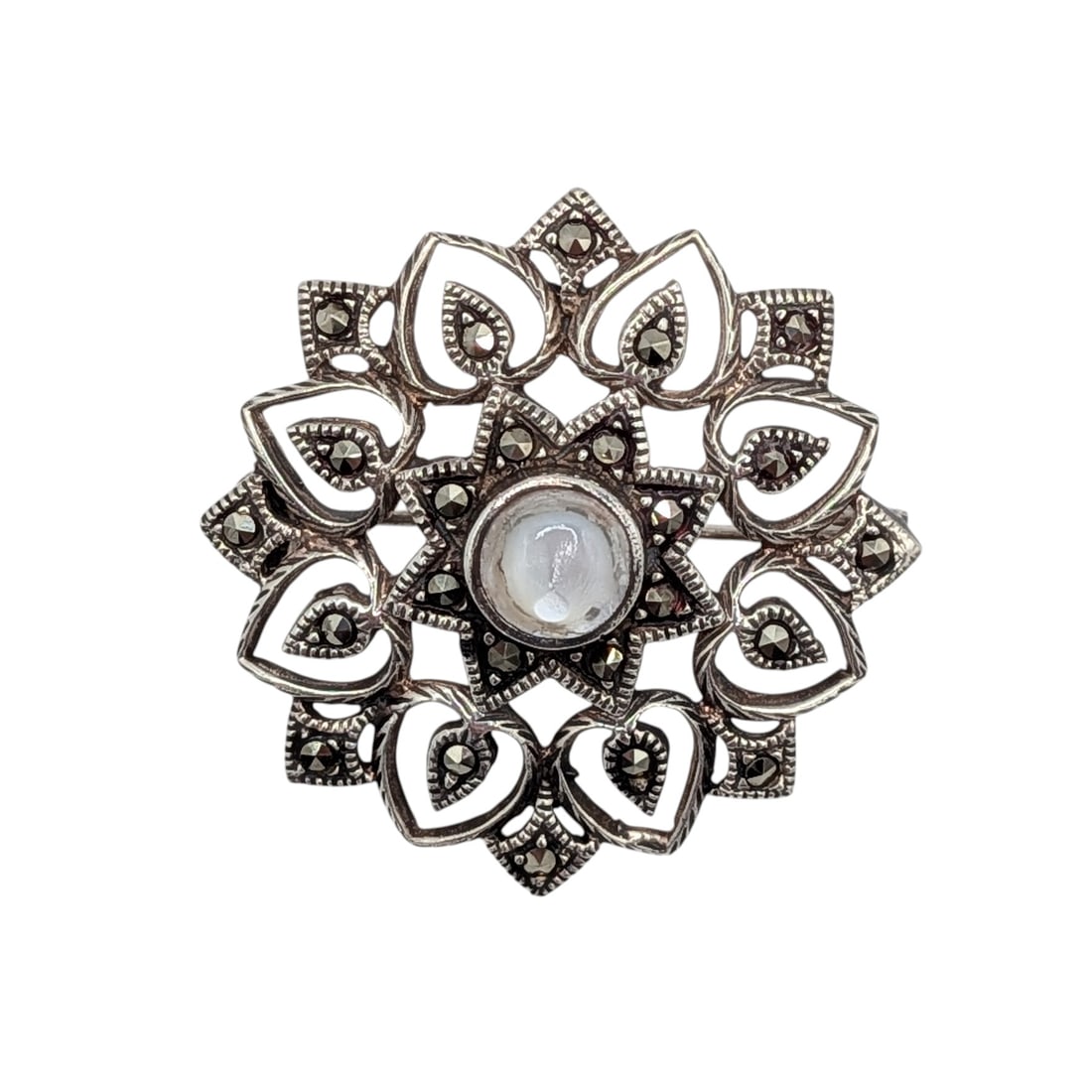 Signed Sterling Silver Mother of Pearl Marcasite Floral Brooch (1 of 4)
