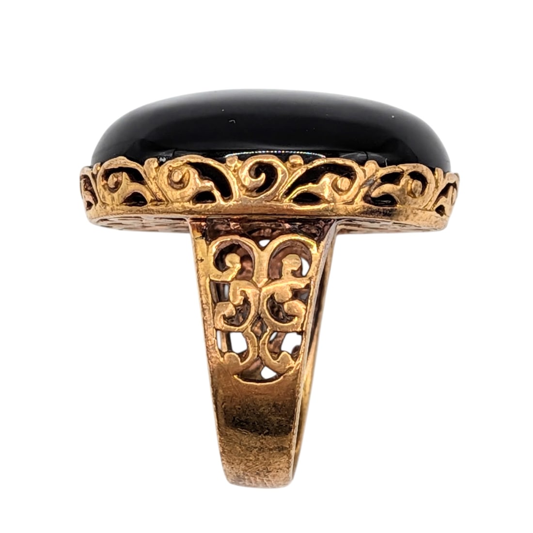 Signed Gold Over Metal Black Rhinestone Oval Filigree Ring: Signed Gold Over Metal, Black Rhinestone Filigree Ring. Size 7. Signed NDA Thailand. 12.7g