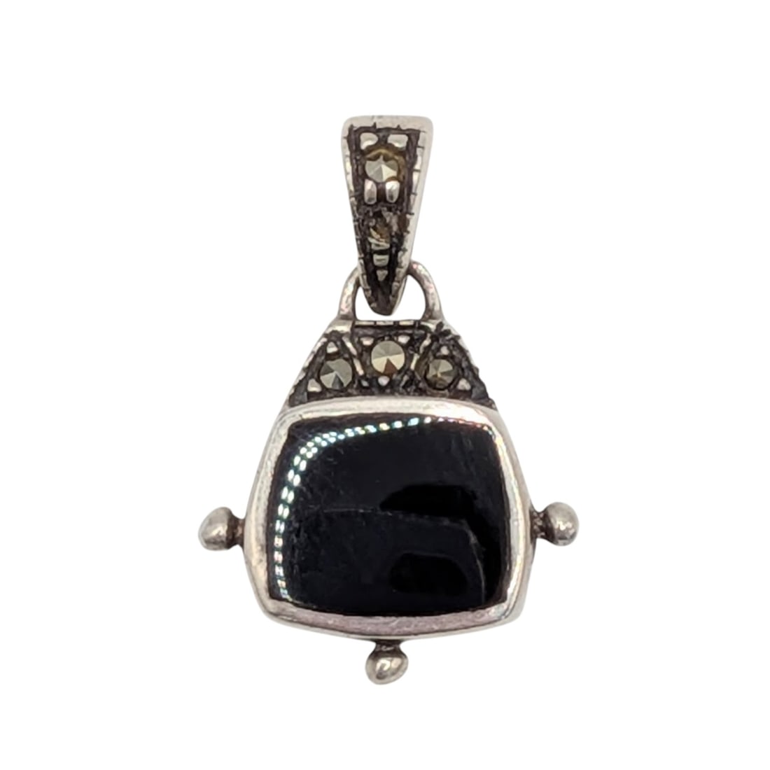 Signed Sterling Silver Onyx Marcasite Dangle Pendant: Signed Sterling Silver, Onyx, Marcasite Dangle Pendant. AS IS missing a stone. Signed SU 925 Thailand. 1.9g