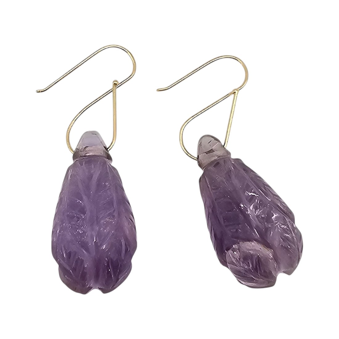 14K Gold Carved Amethyst Drop Dangle Earrings 5.5 G (1 of 4)