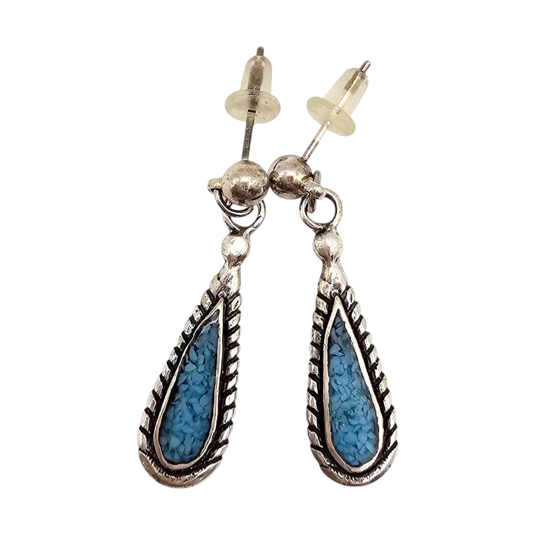 Native Crushed Turquoise Sterling Silver Drop Dangle Earrings 2.3 G: Native Crushed Turquoise Sterling Silver Drop Dangle Earrings 2.3 G