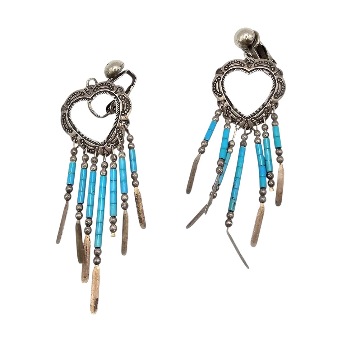 Quac Trading Turquoise Sterling Silver Fringe Drop Dangle Earrings 7.3 G: Quac Trading Turquoise Sterling Silver Fringe Drop Dangle Earrings 7.3 G, as-is, metal ends broken as shown in photos