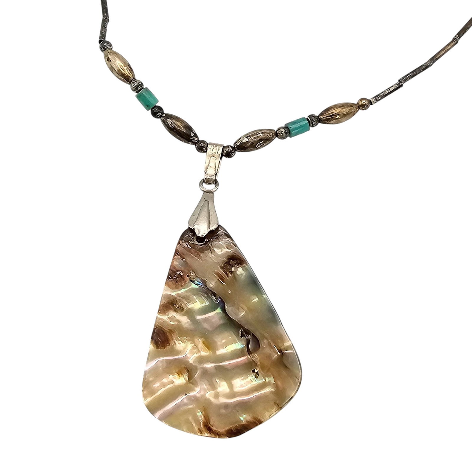 Southwestern Abalone Turquoise Sterling Liquid Silver Necklace 6.8 G (1 of 4)