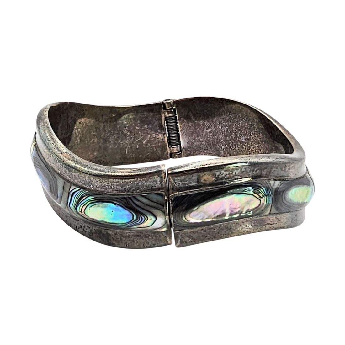 Mexico Abalone Sterling Silver Hinge Bangle Bracelet 57.1 G: Mexico Abalone Sterling Silver Hinge Bangle Bracelet 57.1 G